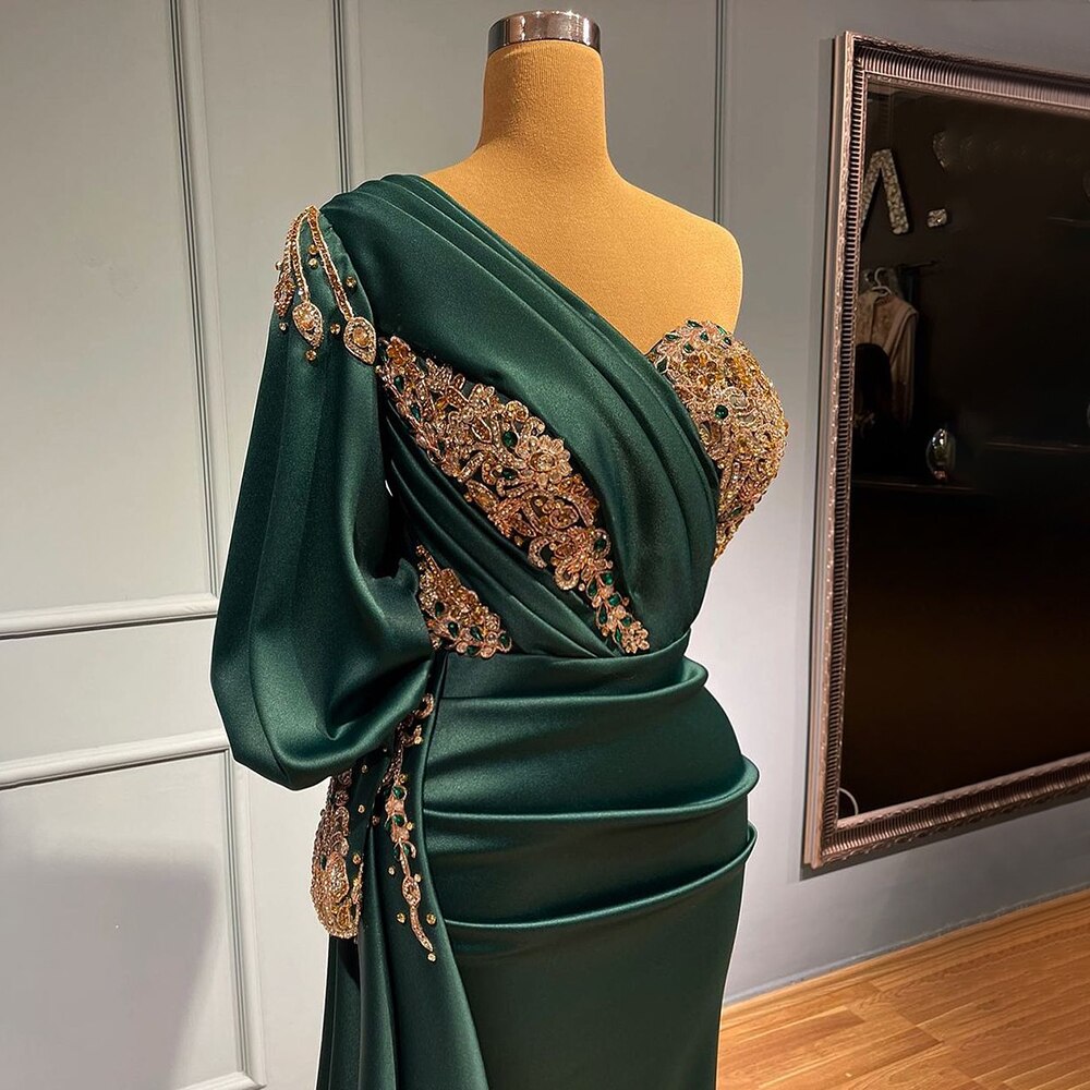 Elegant One Shoulder Mermaid Evening Dress for Women - Green Satin Beaded Gown for Party & Special Occasions - Serene Hill Luxury Prom Dress LA71706 | Perfect for Weddings, Galas & Formal Events