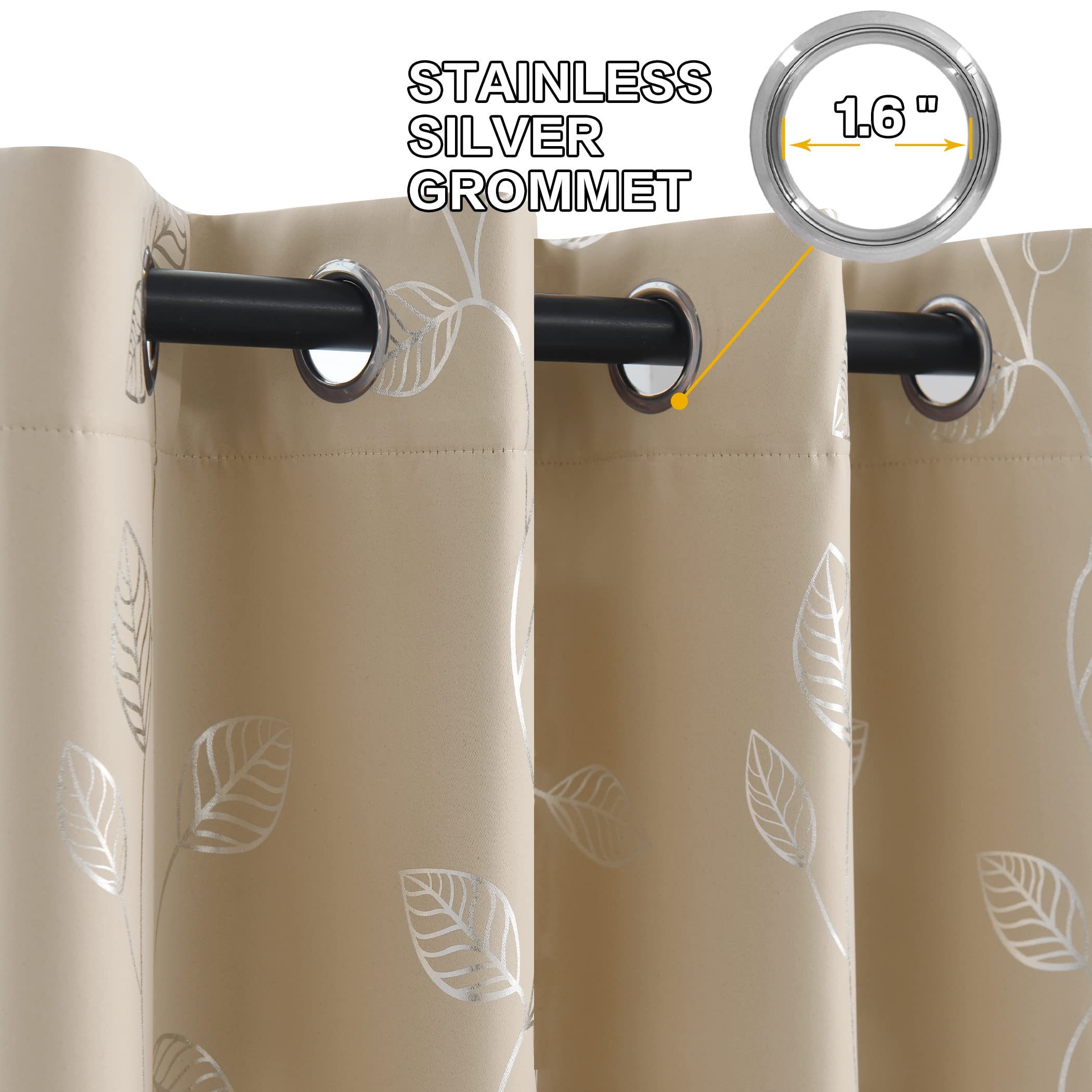 BUHUA 52 x 84 Inch Blackout Curtains for Bedroom - Beige Leaf Pattern Thermal Insulated Window Drapes (Set of 2 Panels) | Noise Reducing & Energy Saving for Home, Nursery & Living Room