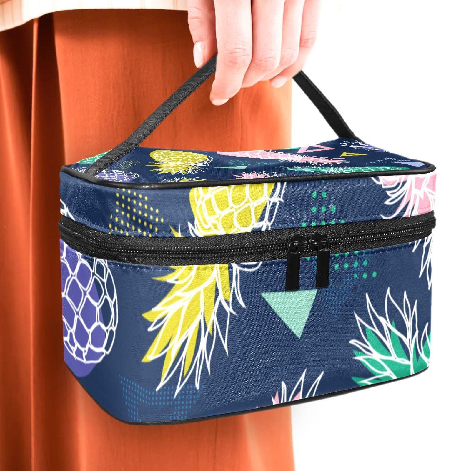 Portable Travel Makeup Organizer Bag for Women - Waterproof Cosmetic Case with Pineapple Navy Blue Design | Perfect for Toiletries, Makeup Storage & On-the-Go Beauty Essentials