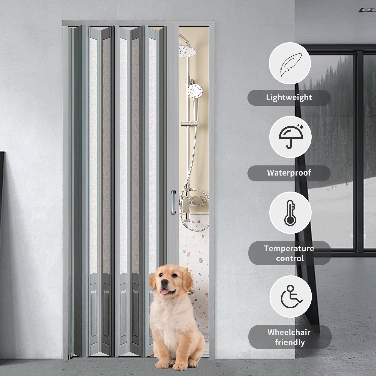 48x96 Inch Grey PVC Accordion Folding Door with Acrylic Glass & Mounting Hardware - Multi-Fold Closet Door for Bedroom, Office & Storage Spaces