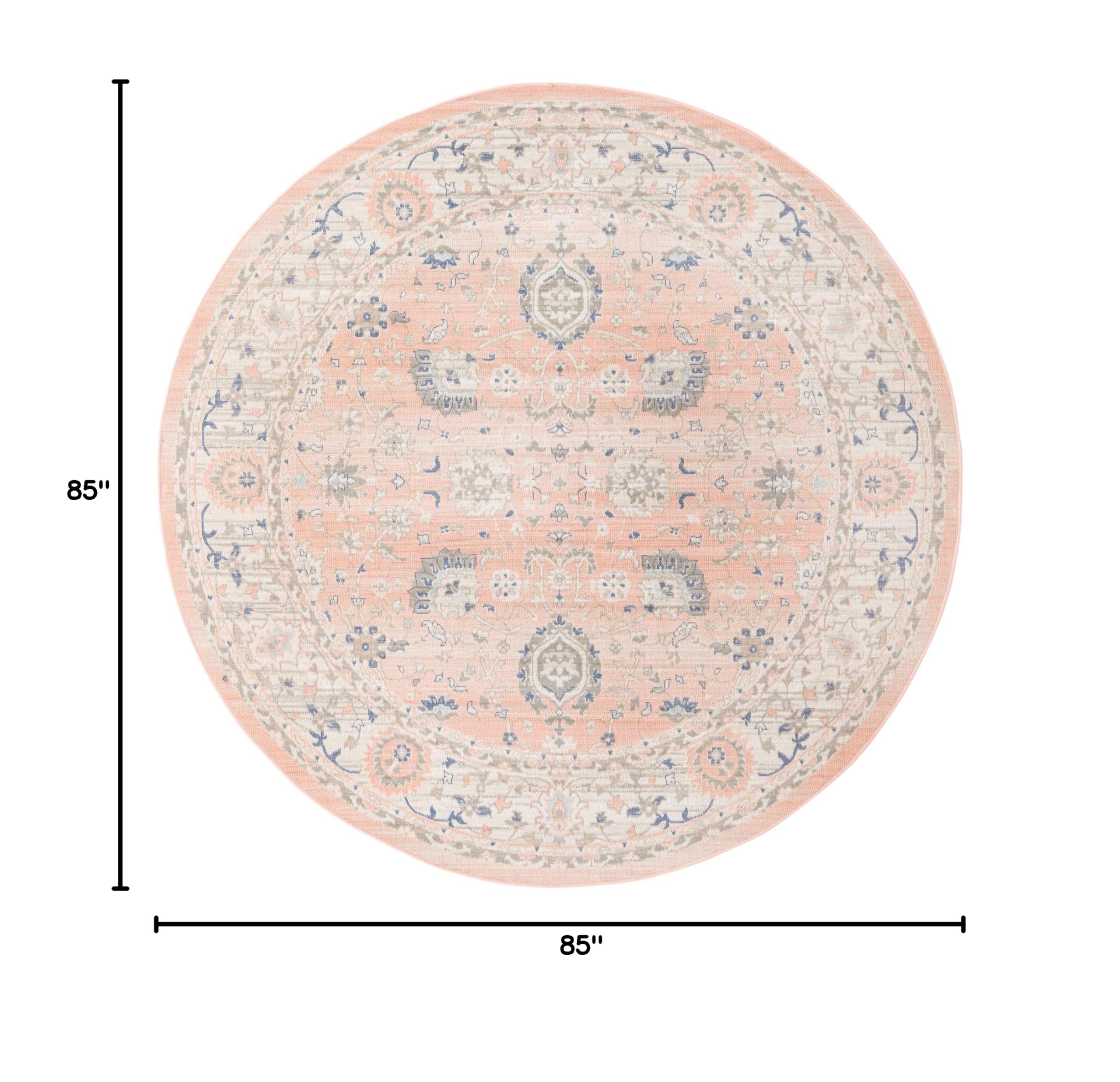 Unique Loom Whitney Collection Traditional Border Round Area Rug 7' x 7' - Powder Pink | Soft & Durable for Living Room, Bedroom, Nursery Decor