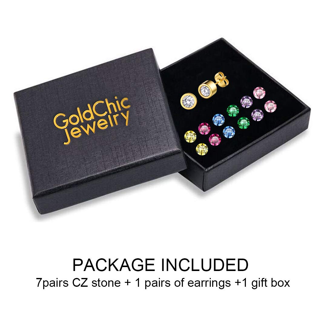 GoldChic Jewelry 5mm Cubic Zirconia Bezel Set Stud Earrings - 7 Pairs Stainless Steel Birthstone Earrings for Women, Interchangeable CZ Stone Studs | Perfect for Gifts, Parties & Everyday Wear
