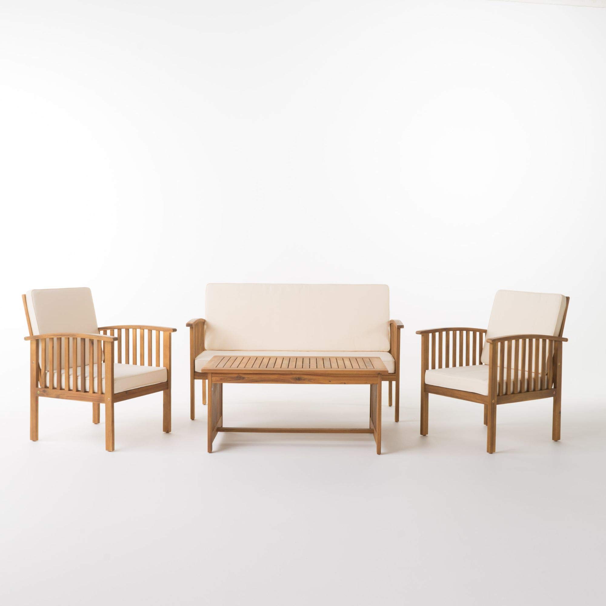 4-Piece Acacia Wood Outdoor Patio Furniture Set with Cream Cushions - Brown Contemporary Chat Set for Garden, Backyard & Poolside Relaxation