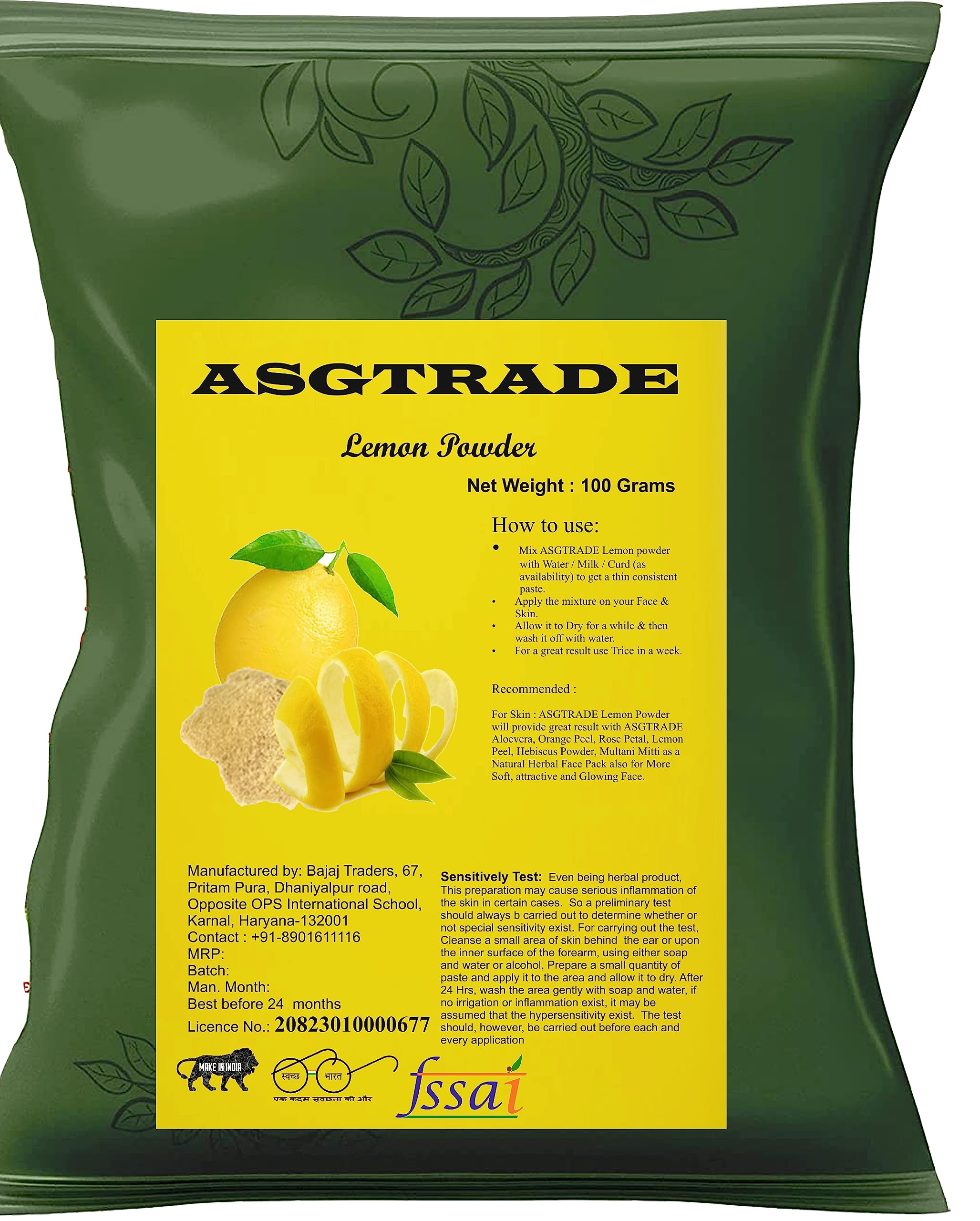 ASGTRADE 100% Organic Natural Lemon Peel Powder for Face Care & Skin Brightening - Chemical-Free Exfoliator & Cleanser | DIY Skincare, Facial Scrub, Natural Skin Whitening Treatment