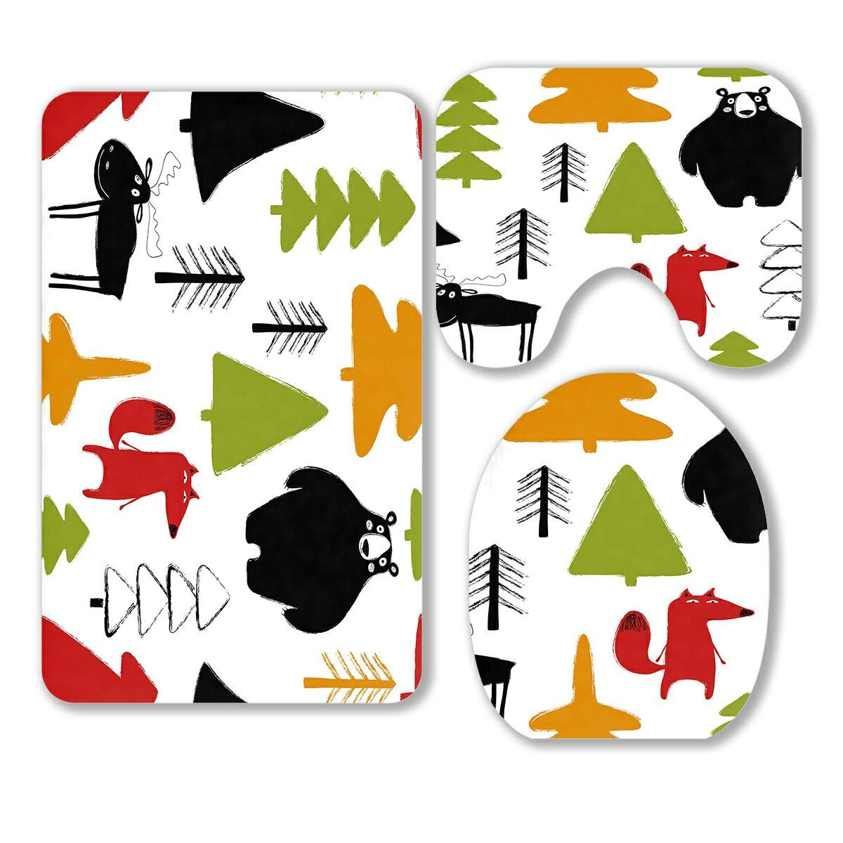 ABPHQTO Colorful Cute Animals and Trees 3-Piece Bathroom Rug Set - Non-Slip Bath Mat, Contour Mat & Toilet Lid Cover - Soft Microfiber for Kids & Nursery Bathroom Decor