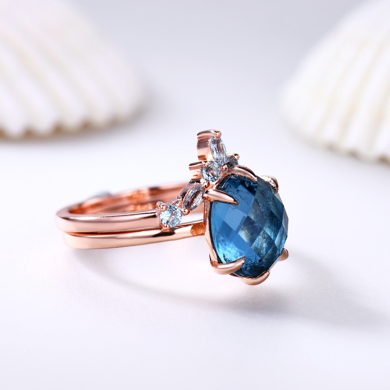 10x8mm Oval Cut London Blue Topaz Engagement Ring Set in Rose Gold with Matching Band - Perfect for Proposals, Anniversaries & Special Occasions