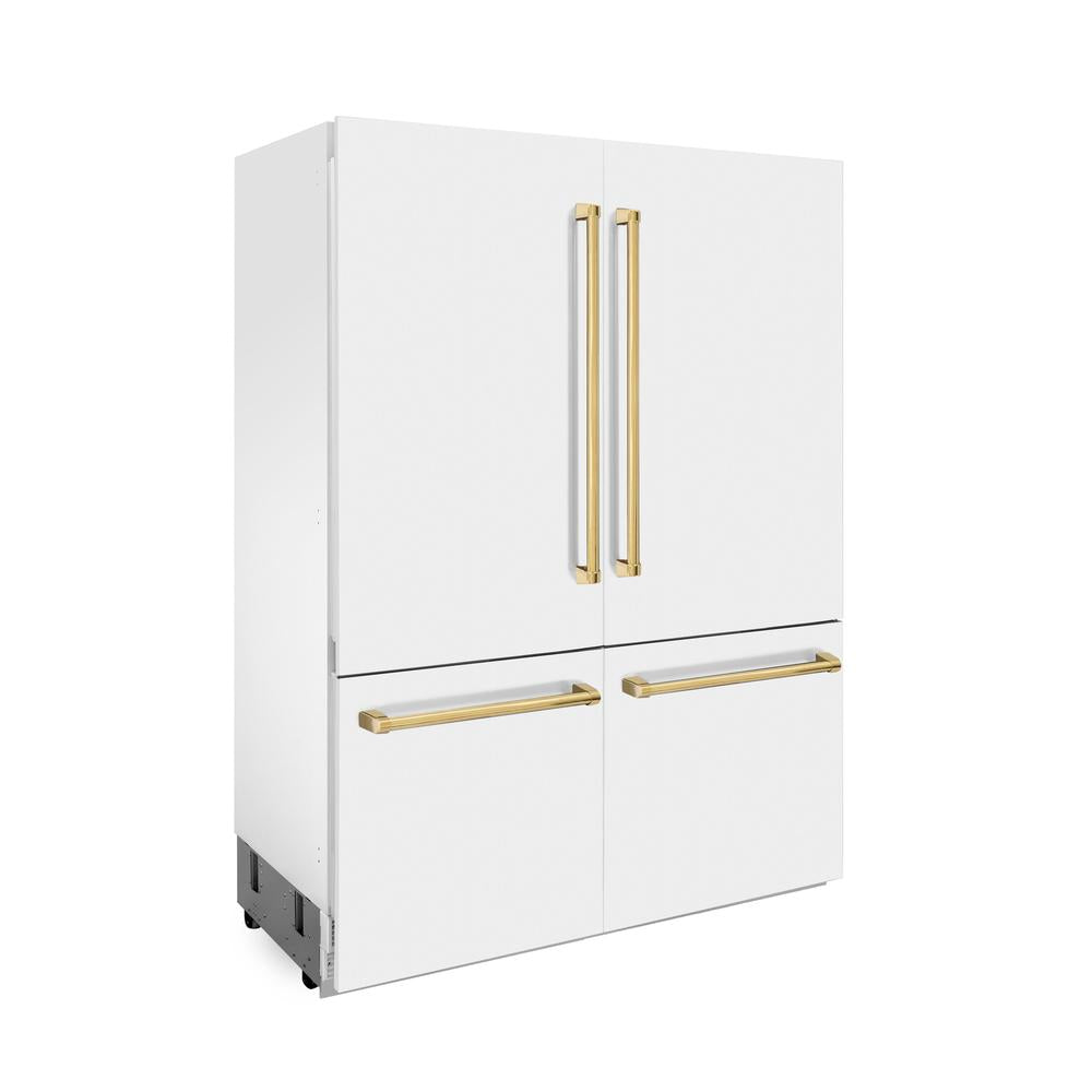 ZLINE Autograph Edition 60-Inch French Door Refrigerator with Bottom Freezer - 32.2 cu.ft Capacity, Built-In Water Dispenser & Ice Maker - White Matte Finish with Polished Gold Accents (RBIVZ WM 60 G) - Perfect for Modern Kitchens & Luxury Homes