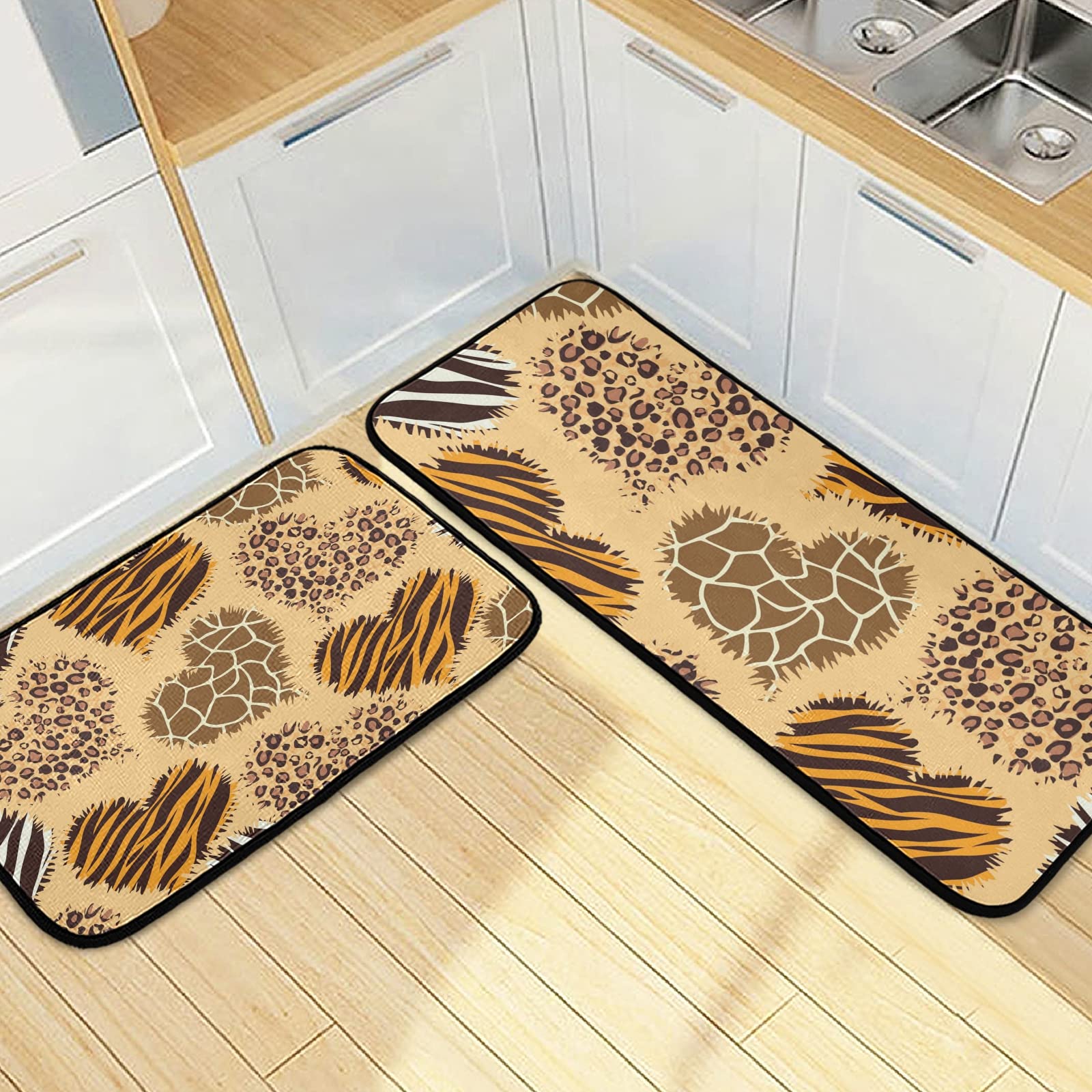 SUABO Non-Slip Kitchen Mat Set of 2 - Leopard Giraffe Zebra Print Floor Rug, Anti-Fatigue Standing Mats for Cooking & Dishwashing - Perfect for Christmas Decor & Home Kitchen Use