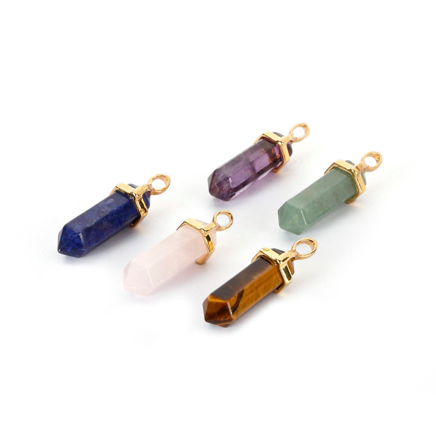5 Pack Healing Crystal Pendant Necklace Set - 40x8mm Gold Chain with Yellow Tiger Eye, Aventurine, Lapis Lazuli, Rose Quartz & Amethyst | Chakra Balancing, Meditation & Spiritual Gift for Women
