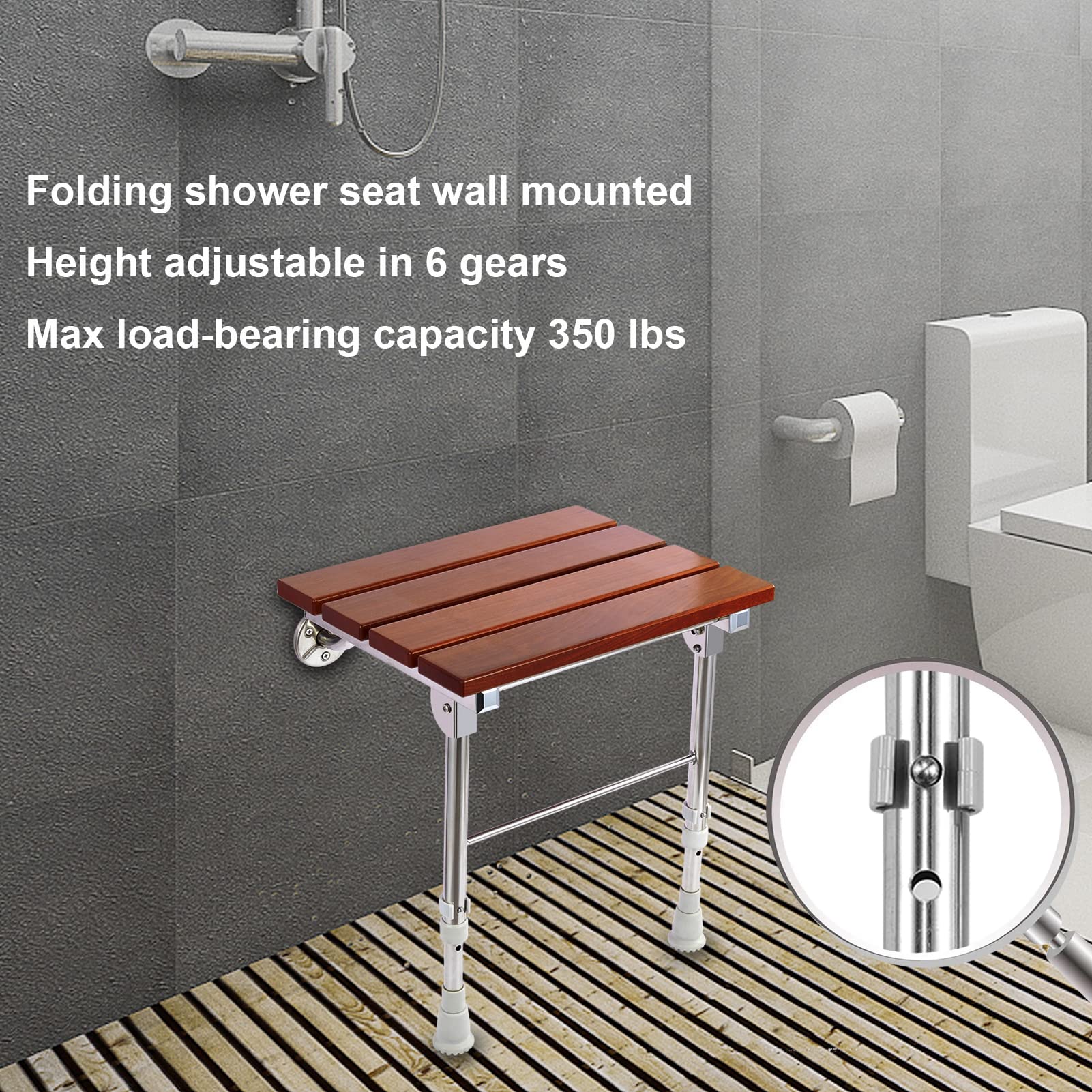 Foldable Wall-Mounted Shower Seat with Adjustable Height - Waterproof Wooden Shower Bench for Seniors & Small Spaces - Ideal for Bathroom Safety, Elderly Care, and Compact Shower Areas