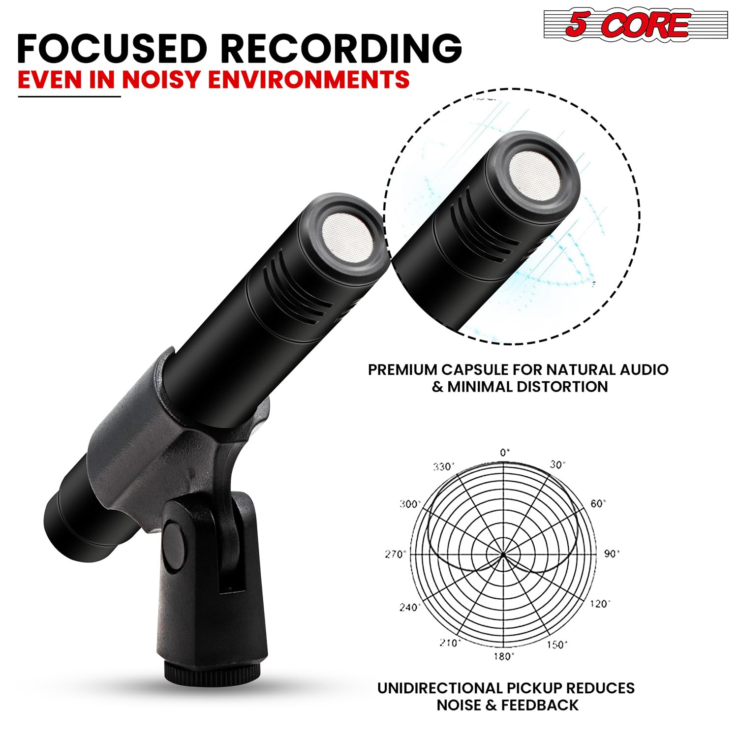 5 CORE Professional Cardioid Condenser Microphone - Pencil Mic with Windscreen, Mic Clip & Case - Ideal for Podcasting, Voice Overs, Studio Recording & Live Performances (Model: INSTRU MIC 200 BLK)