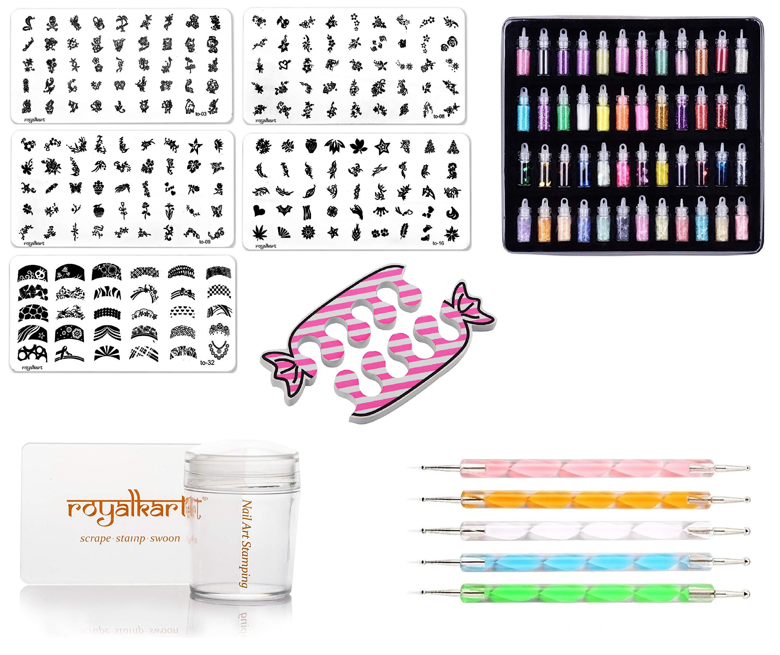RoyalKart Professional Nail Art Kit - 5 Image Plates, Nail Stamper & Scraper, 48 Glitter Bottles, Dotting Tools & Finger Rest - Perfect for DIY Manicures, Salon Use & Gift for Women/Girls (Great for Home Nail Art, Parties & Beauty Enthusiasts)