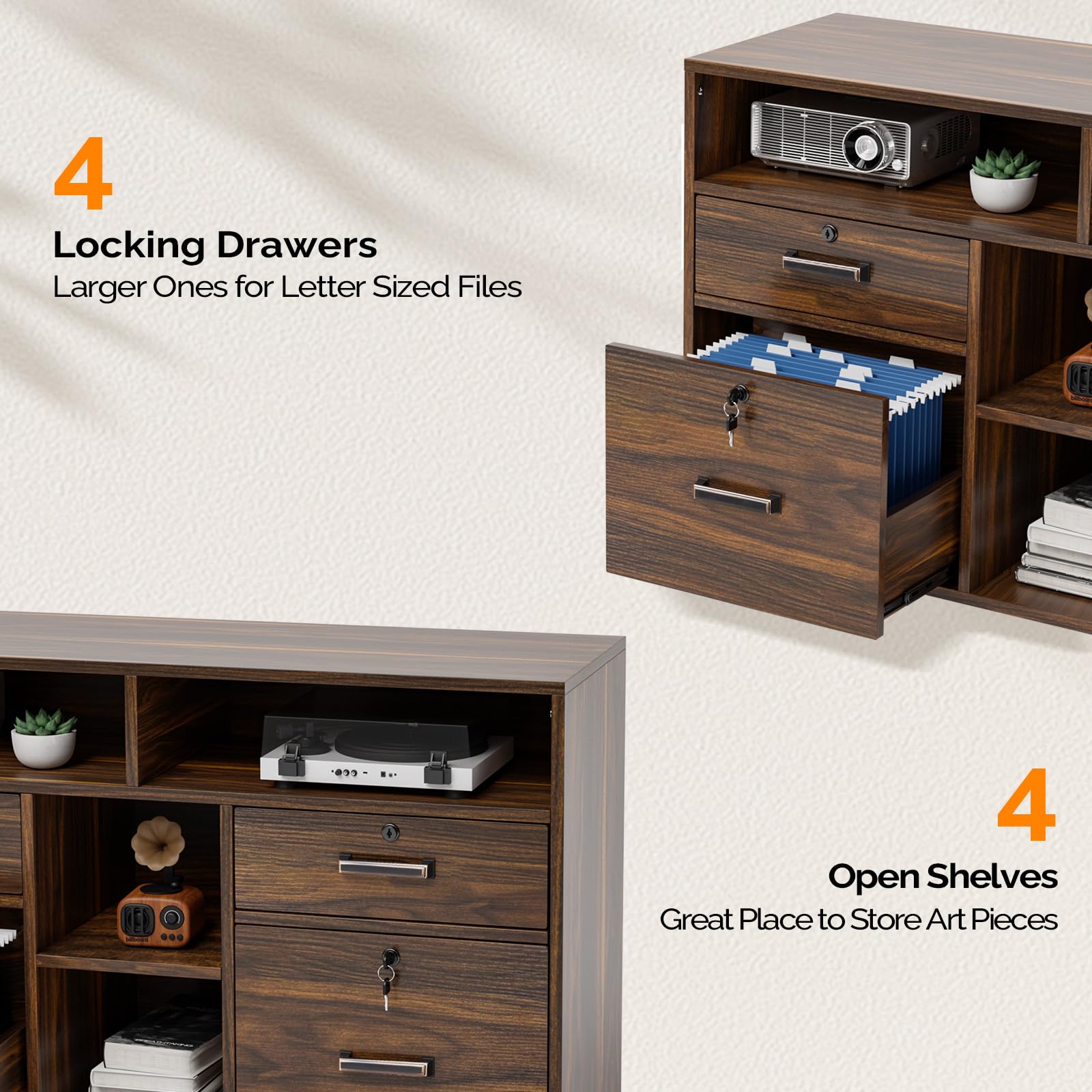 VINGLI 4-Drawer Wood Lateral File Cabinet with Lock & Open Shelves - Lockable Rolling Office Storage for Letter Size Files, Dark Brown - Perfect for Home Office, Printer Stand & Document Organization