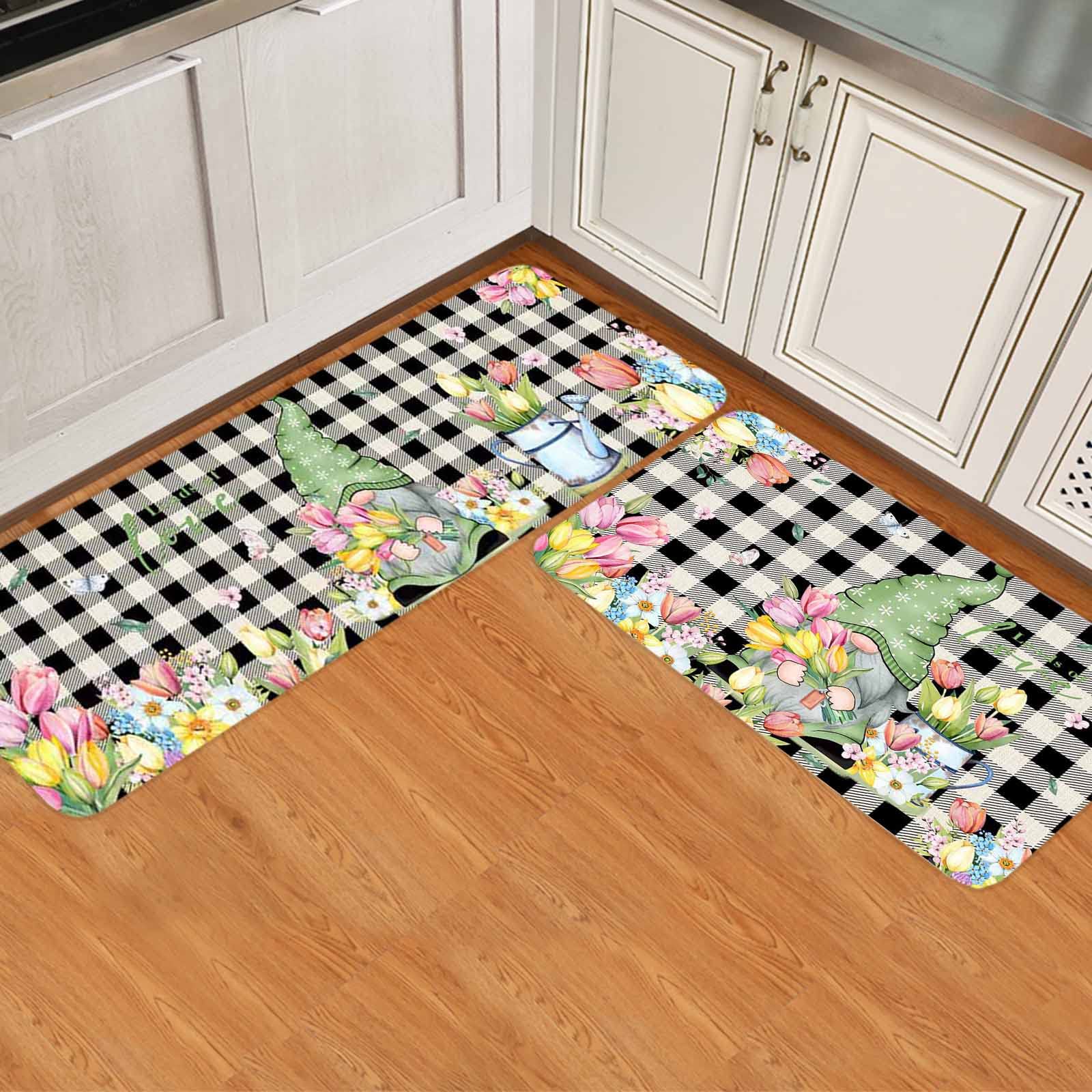 Non-Slip Kitchen & Bathroom Rug Set of 2 - Spring Tulip Gnome & Honey Daisy Checkered Absorbent Floor Mats for Home, Indoor Use in Kitchen, Bath, Entryway