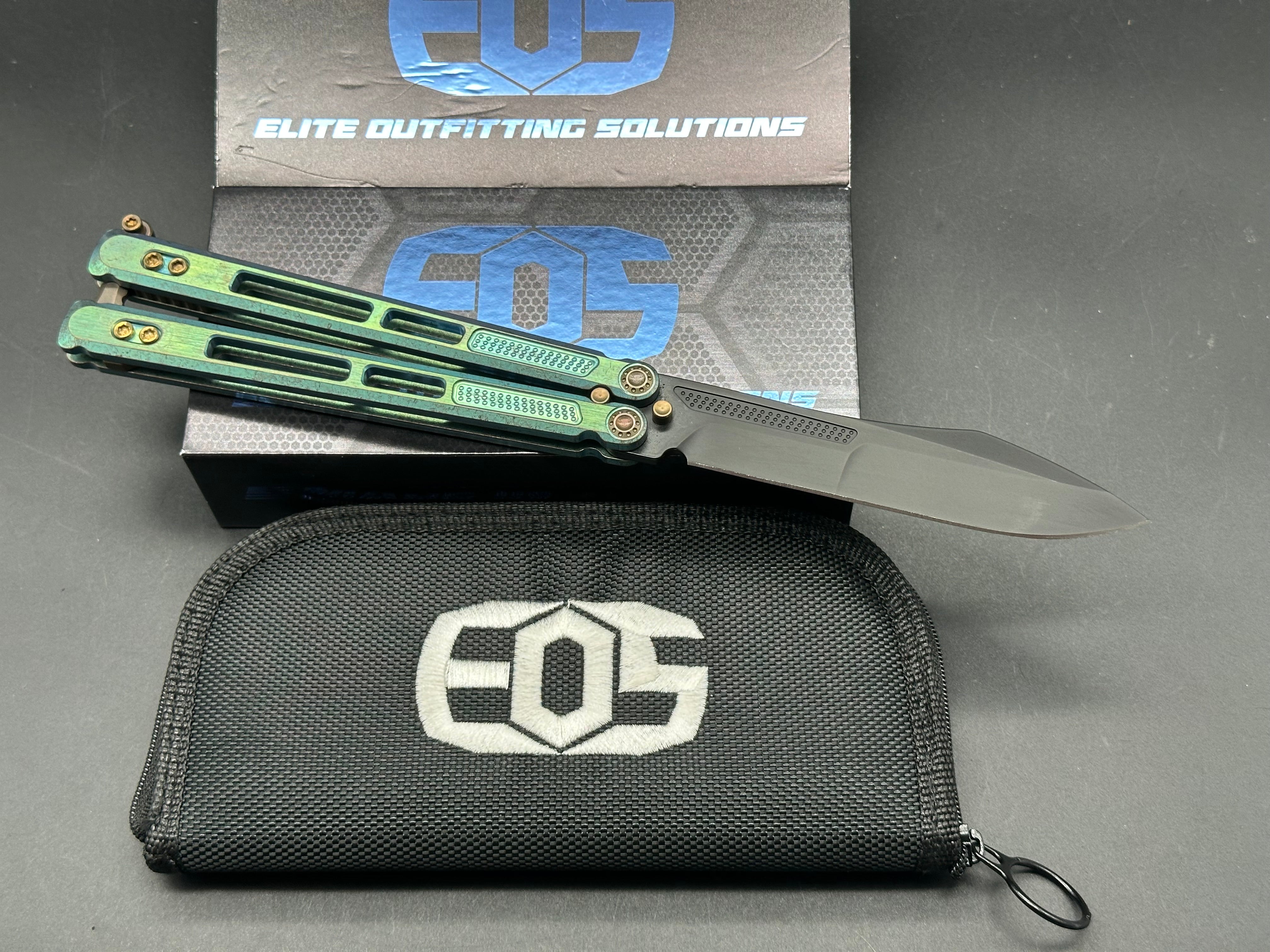 EOS Trident Balisong Butterfly Knife - Antique Green Bronze Titanium Handles with Gold Latch & Hardware | Collectible EDC Tool for Flipping Tricks & Outdoor Survival