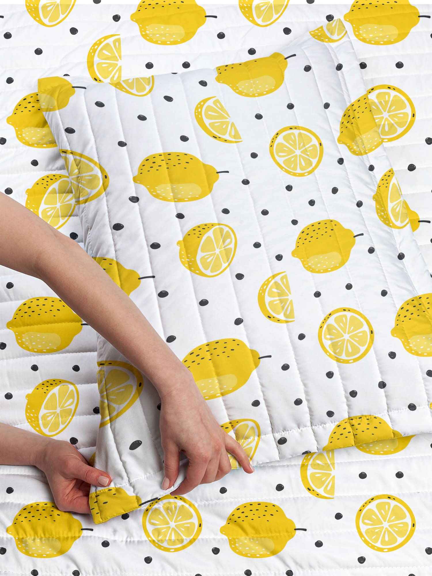 Ambesonne Lemon Microfiber Bedspread Set - Summer Citrus Fruit & Polka Dot Pattern Twin Size Bedding with Pillow Sham & Comforter in Mustard Charcoal Grey | Soft & Breathable for Summer Bedrooms, Guest Rooms & Dorm Decor