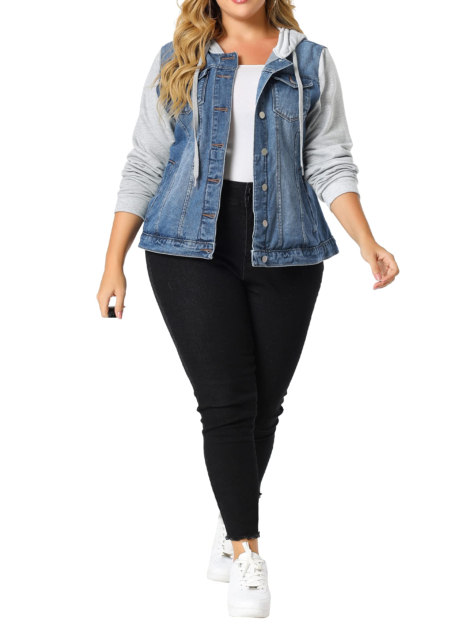 Agnes Orinda Women's Plus Size Denim Jacket - Layered Drawstring Hoodie with Pockets | Casual Outerwear for Street Style & Everyday Wear