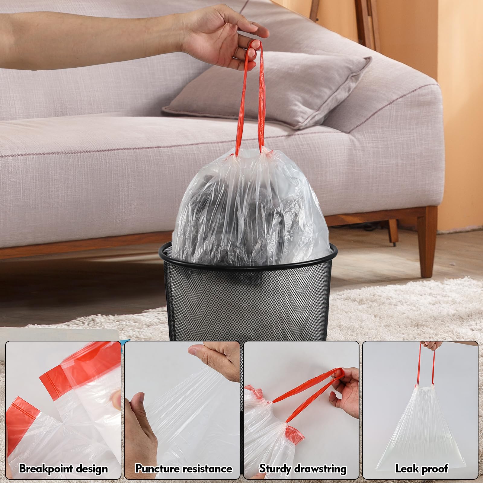Yuright 5 Gallon Drawstring Trash Bags - Small Clear Garbage Bags with Handles (4 Rolls/220 Counts) - Perfect for Kitchen, Bathroom, Office & Car Waste Disposal