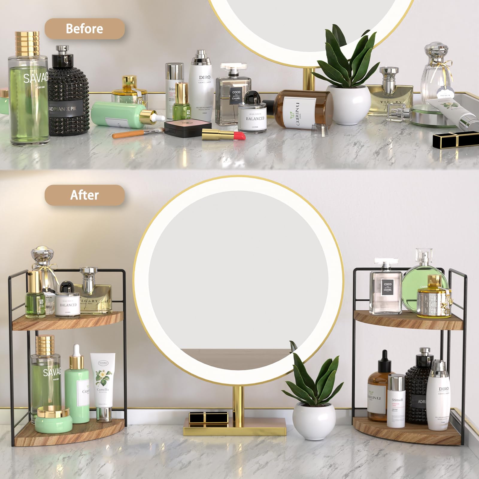 2-Pack Wooden 2-Tier Bathroom Counter Organizer - Corner Vanity Tray for Makeup, Jewelry & Essentials - Perfect for Bathroom, Kitchen & Dresser Storage & Decoration