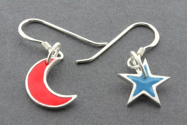 Handmade Blue Star & Red Moon Drop Earrings - Enamel Dangle Jewelry for Women - Perfect for Parties, Weddings & Everyday Wear