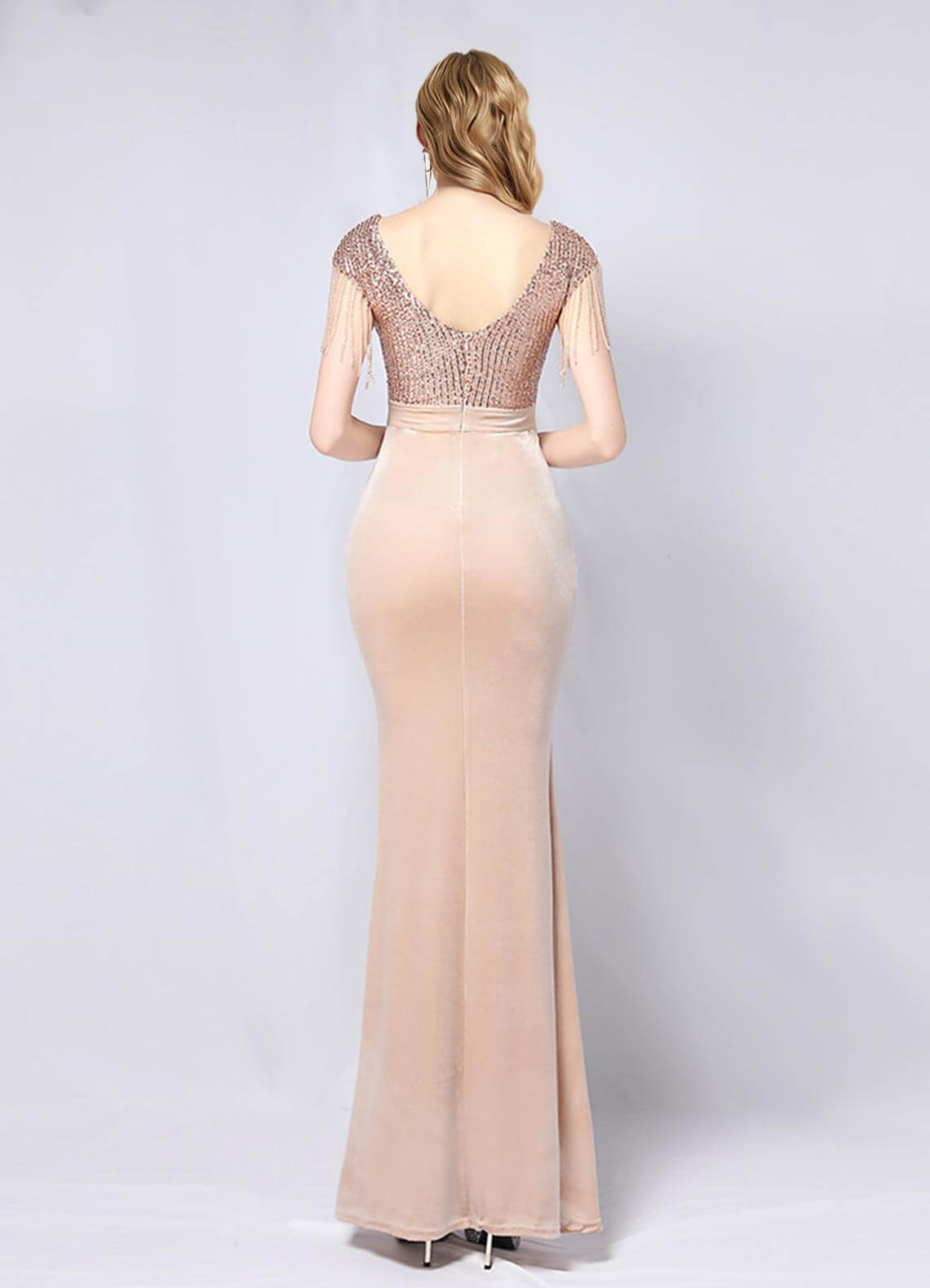 Elegant Champagne Gold Velvet Sequin Mermaid Maxi Dress with Slit & Tassels - Perfect for Prom, Evening Gala, and Formal Events