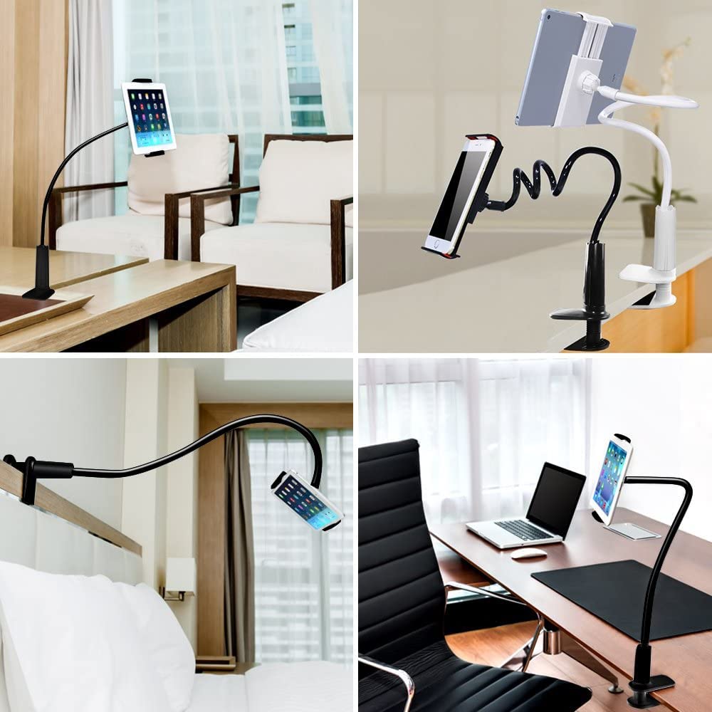 Adjustable Gooseneck Tablet Holder Stand for Phones & Tablets 4-11 Inches - Long Arm Bed Desk Mount for Reading, Watching Videos & Hands-Free Use (Black)