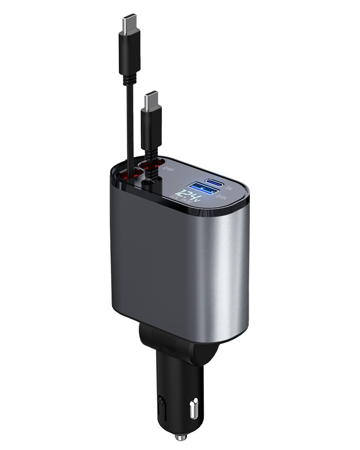 SPGUARD 60W 4-in-1 Fast Charging Retractable Car Charger with Dual Type-C Cables & 2 USB Ports - Compatible with iPhone 16/15/Pro Max, Galaxy S25/24/23 Ultra - Perfect for Road Trips, Commuting & Multi-Device Charging