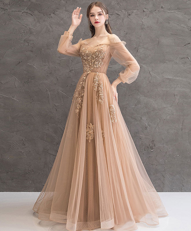 Elegant Champagne Tulle Lace Long Prom Dress for Women - Formal Evening Gown for Homecoming, Wedding, Party & Special Occasions