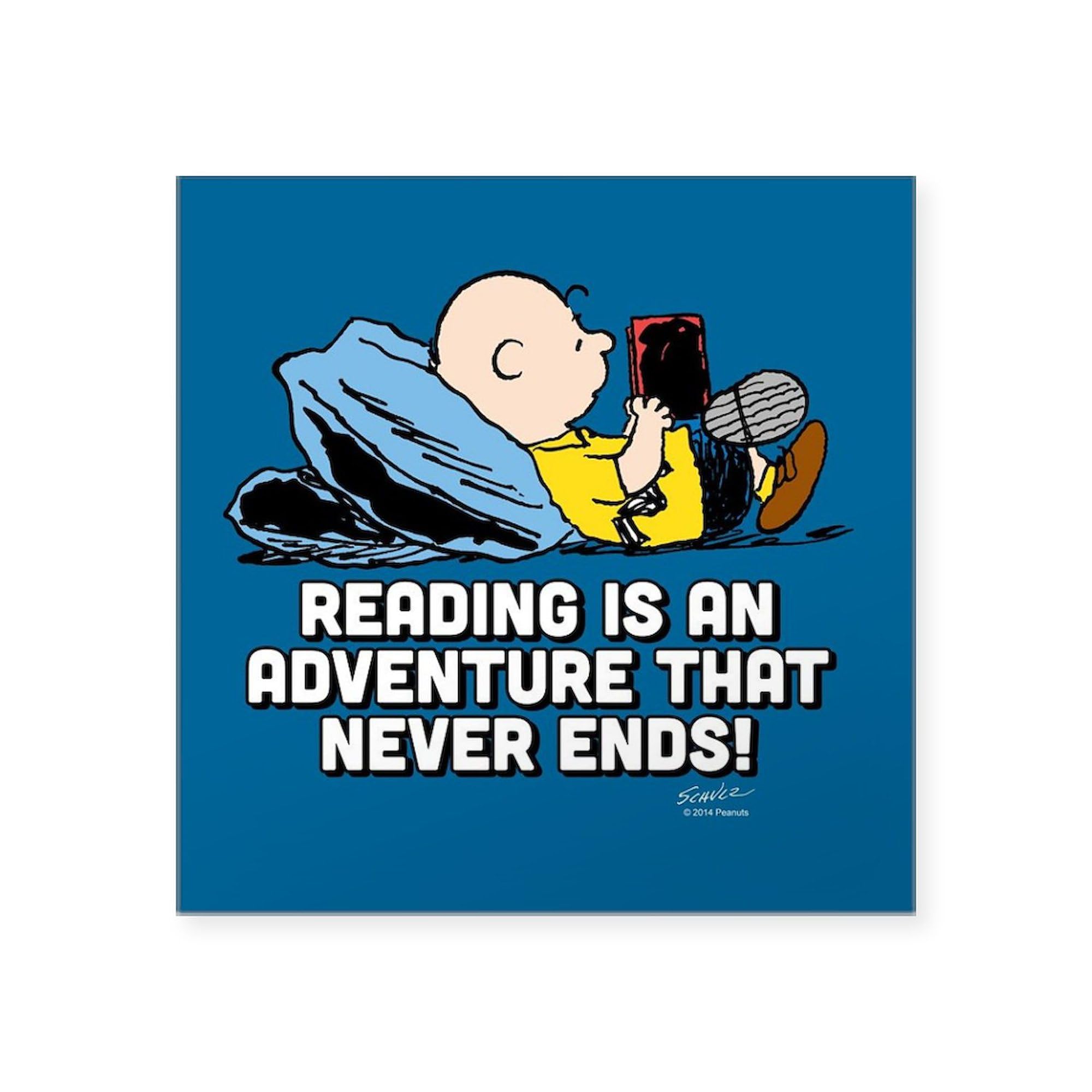 Charlie Brown Reading Is Square Sticker - 3x3 Inch Bumper Decal for Cars, Laptops & Notebooks - Fun Book Lover Gift for Readers & Peanuts Fans