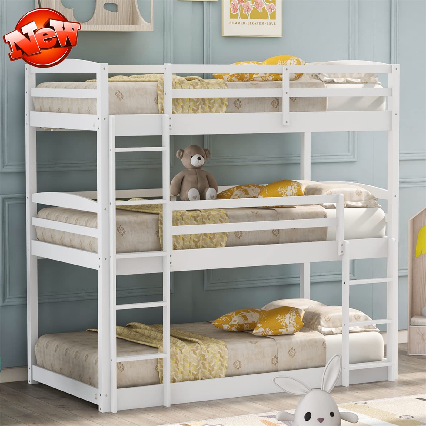 JRESBERT Reinforced Solid Wood Triple Bunk Bed - Twin Over Twin Over Twin - Thicker, More Stable & Safer - Quick Assembly (White) - Perfect for Kids' Bedrooms, Vacation Homes & Space-Saving Solutions