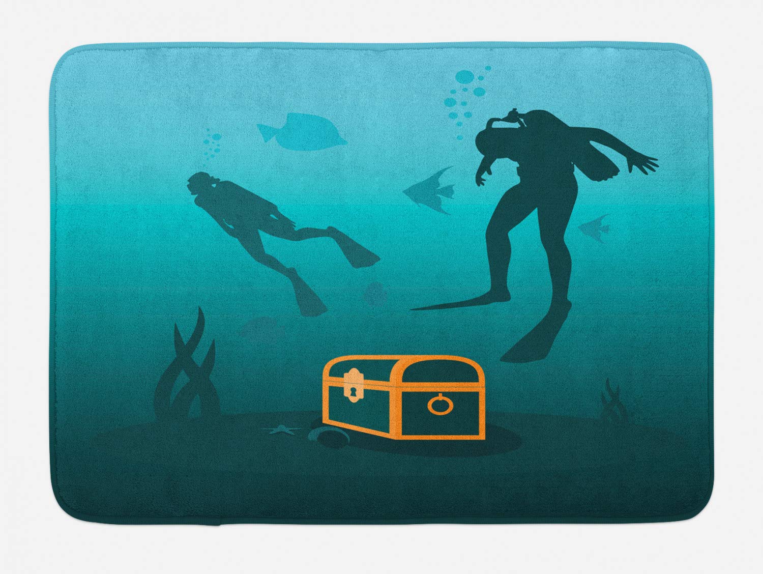 Ambesonne Non-Slip Plush Bath Mat - Deep Sea Diver & Sunken Treasure Design, 30.2 x 20 Inches, Aqua Dark Teal Marigold - Soft Bathroom Rug for Kids & Adults, Perfect for Bathroom Decor & Safety