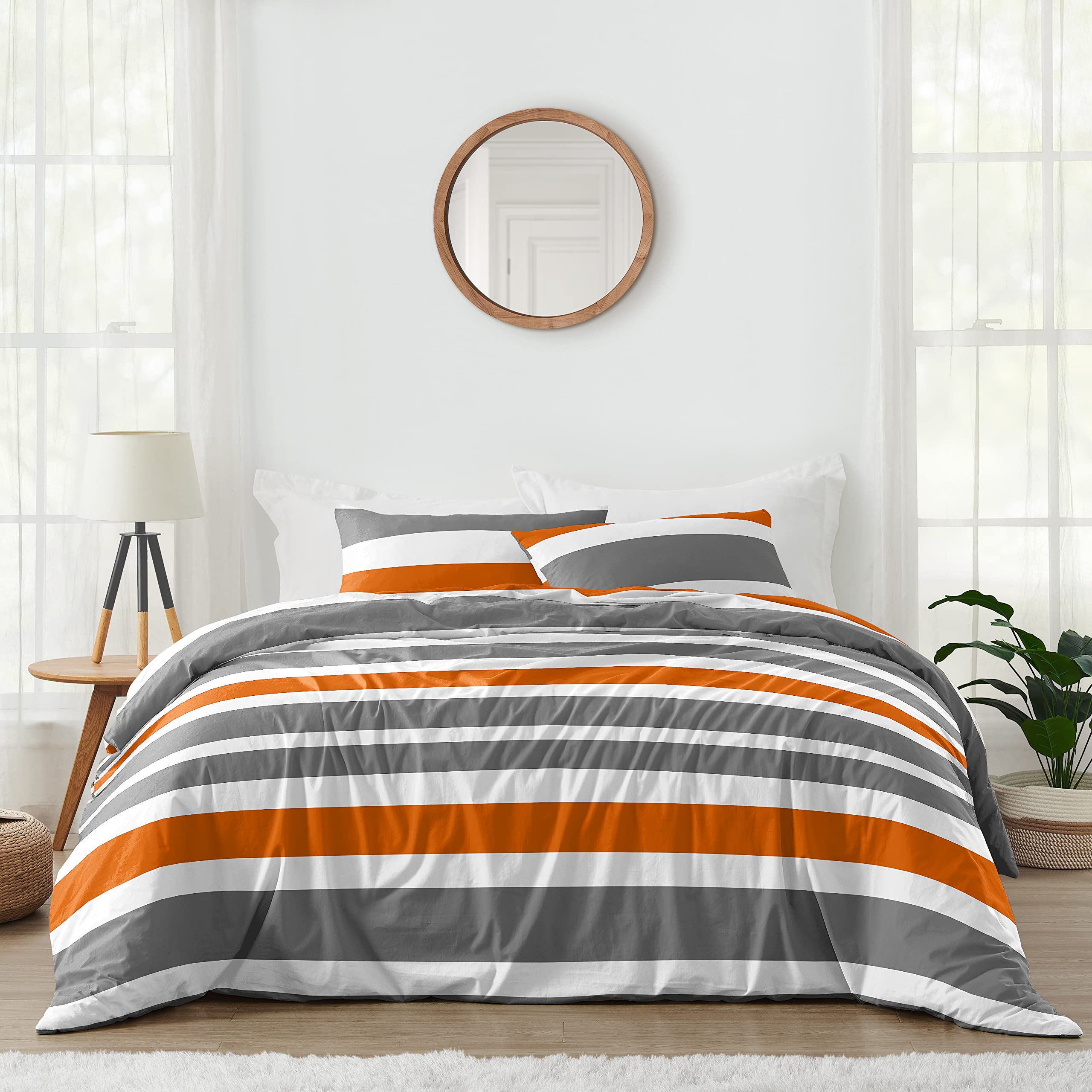 Gray, Orange & White Striped 3-Piece Boys Bedding Set - Full/Queen Size for Kids & Teens - Perfect for Bedrooms, Dorms & Sleepovers