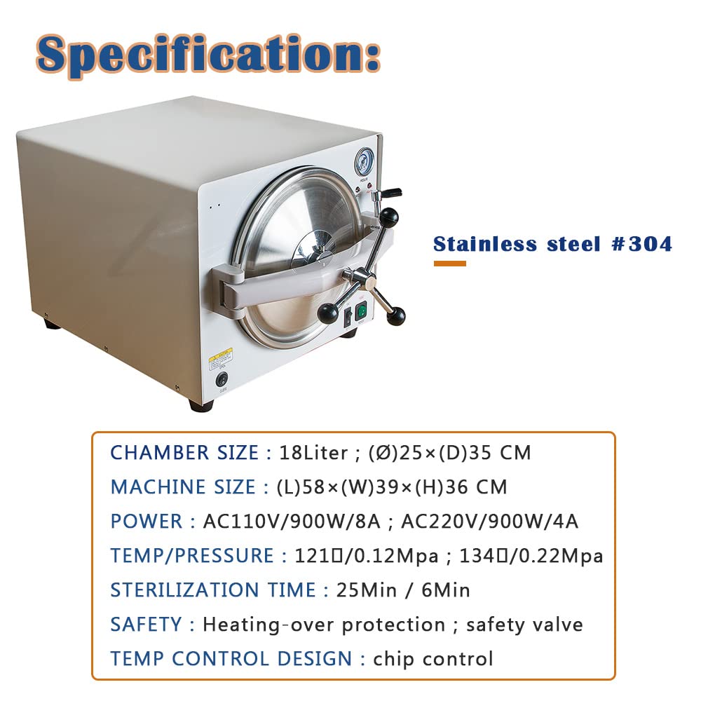 18L Steam Autoclave Sterilizer Machine - 900W Lab Autoclave with Safety Lock, Stainless Steel Chamber for Medical, Dental, Tattoo Equipment Sterilization (Ideal for Clinics, Laboratories & Beauty Salons)