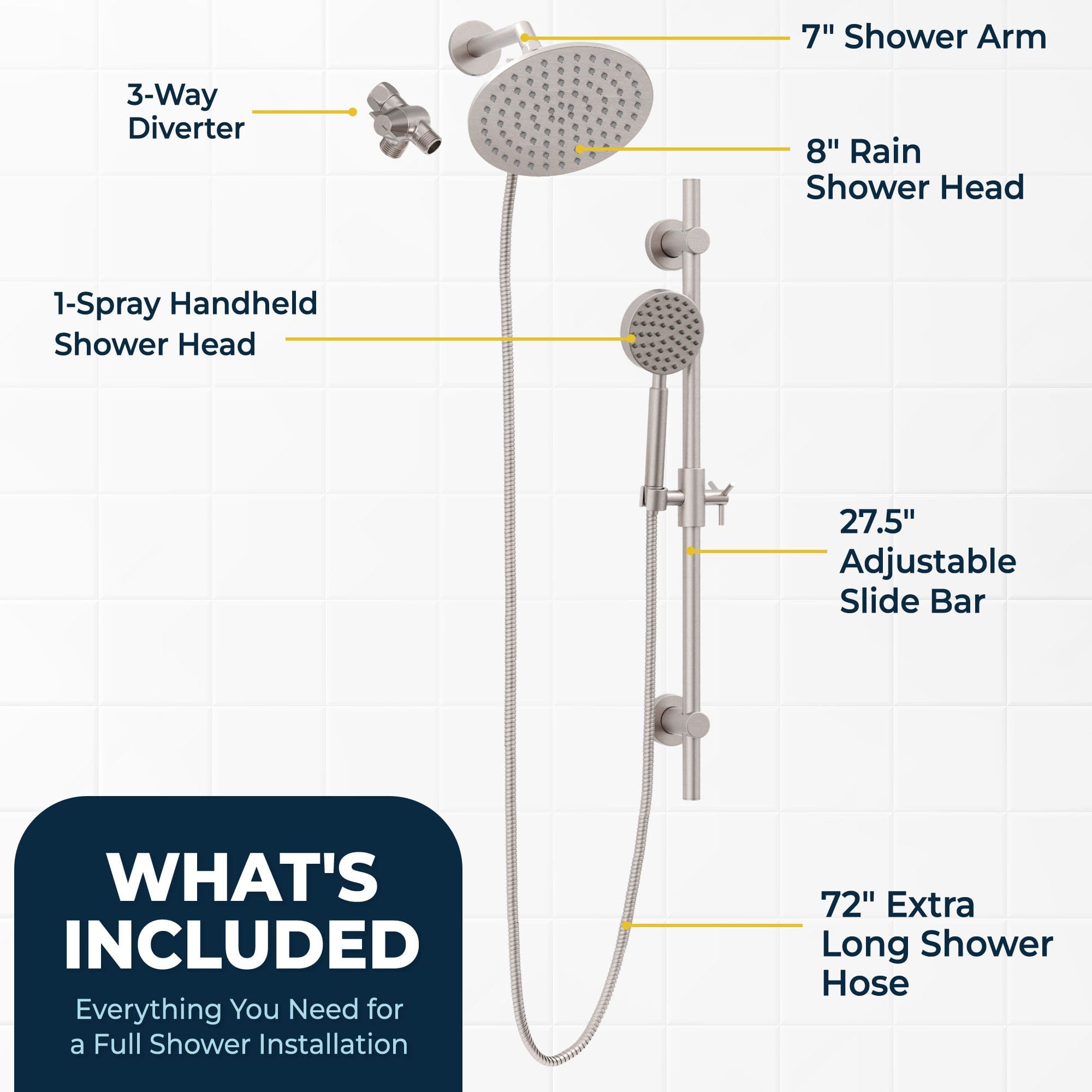 Premium All-Metal Dual Shower Head with Adjustable Slide Bar - 2.5 GPM Water Saving Shower System with Diverter & Shower Arm - Perfect for Spa-Like Experience in Master Bathroom or Guest Bath