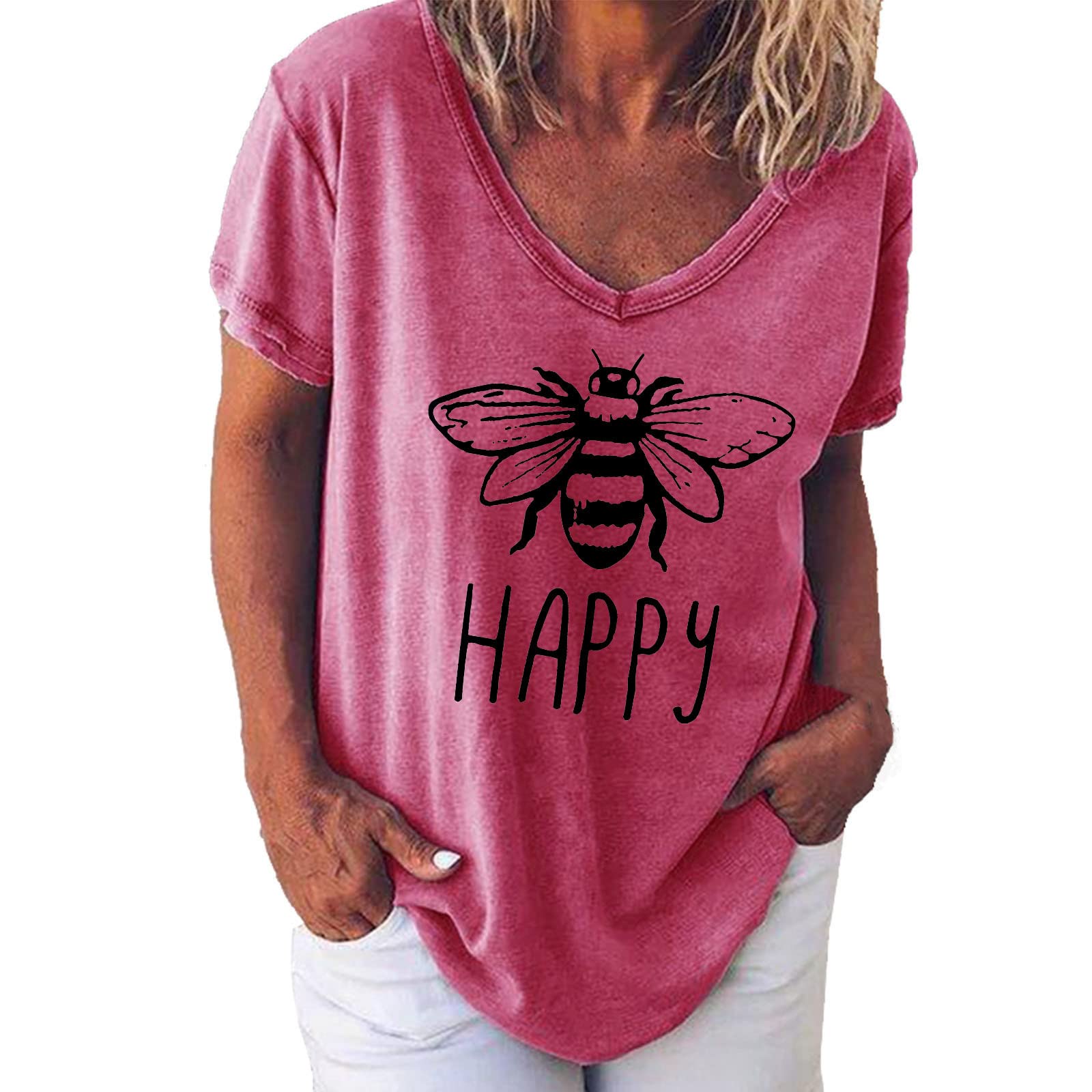 Trendy Women's Summer Short Sleeve V-Neck Blouse - Cute Casual Comfy Letter Printed Tee Tops - Perfect for Beach Outings, Date Nights & Weekend Wear