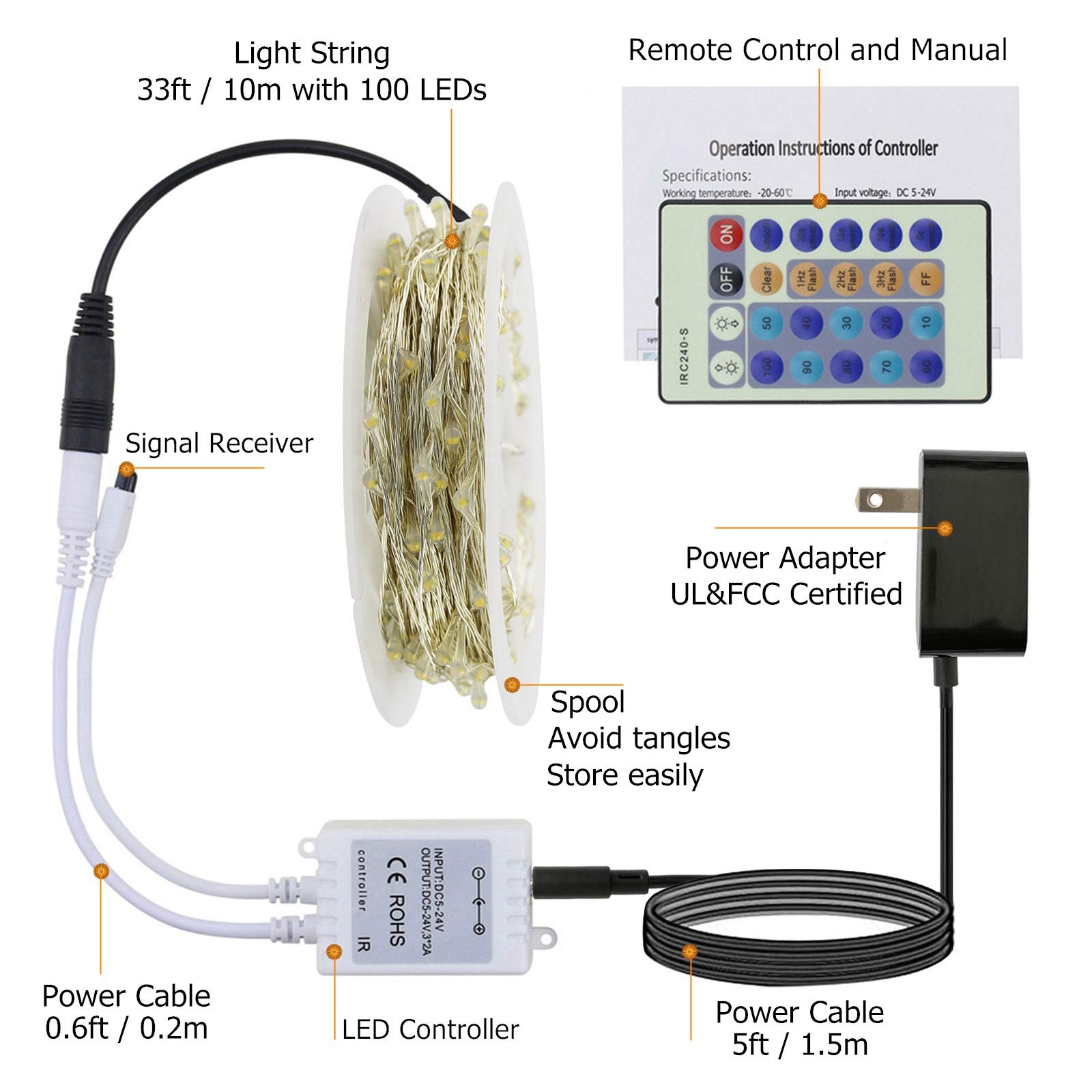 RUICHEN 33Ft 100 LED Dimmable Fairy String Lights with Remote - Waterproof Silver Wire Twinkle Lights for Christmas Decorations, Wedding Party, Bedroom, Patio (Warm White) | Indoor & Outdoor Decorative Lighting for Holidays, Events and Home Ambiance