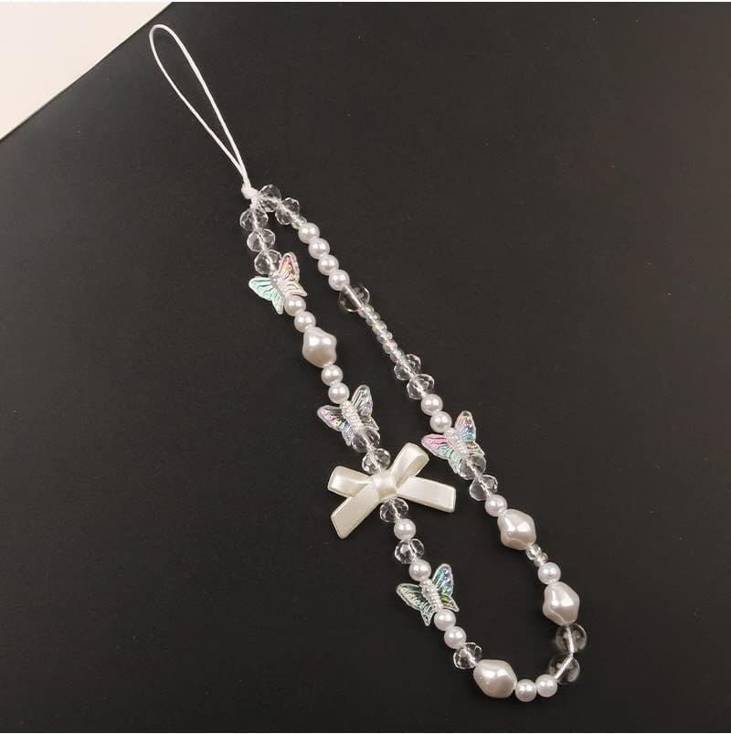 Fashionable Pearl Beaded Phone Lanyard with Bow & Butterfly Charm - Universal Anti-Lost Wrist Strap for Women & Girls - Perfect for iPhone, Samsung, Keys & Wallet Accessories - Great for Work, Travel & Everyday Use