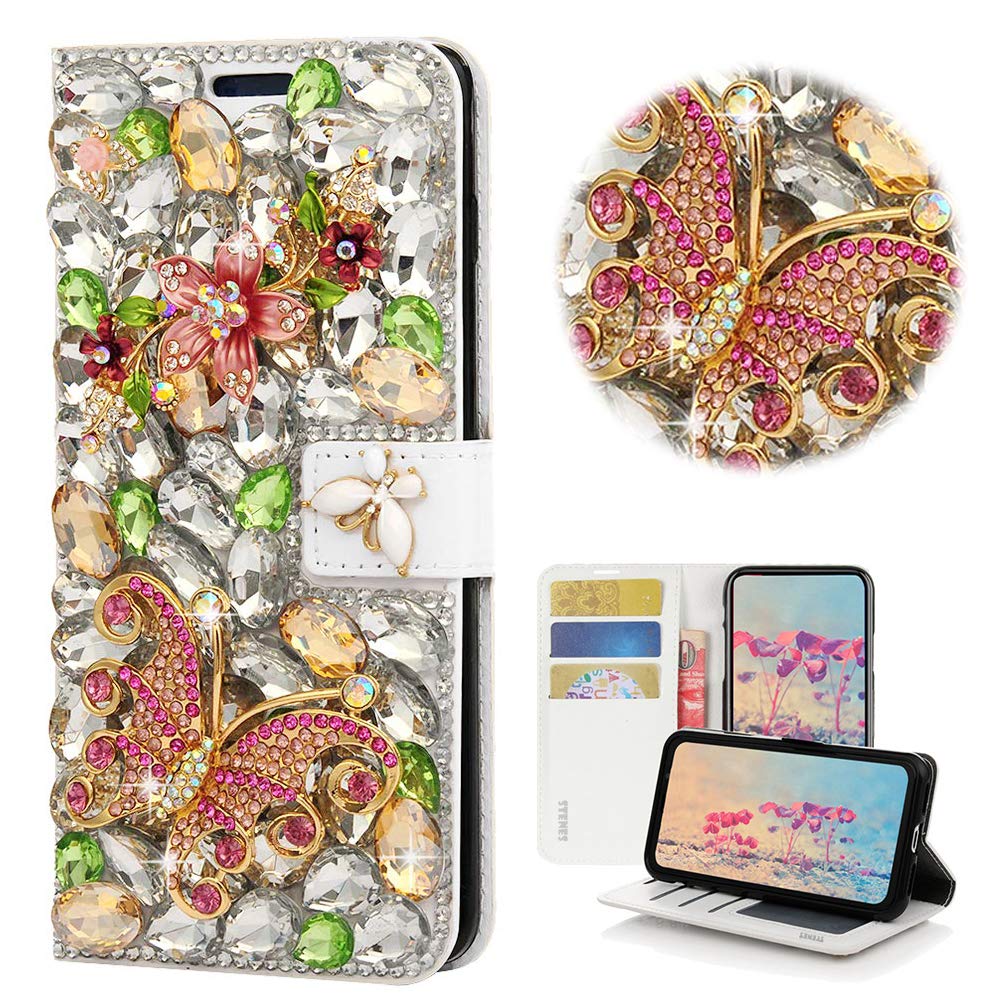 STENES Bling Wallet Phone Case for ZTE Blade A7 - 3D Crystal Floral Design - Magnetic Stand for Daily Use