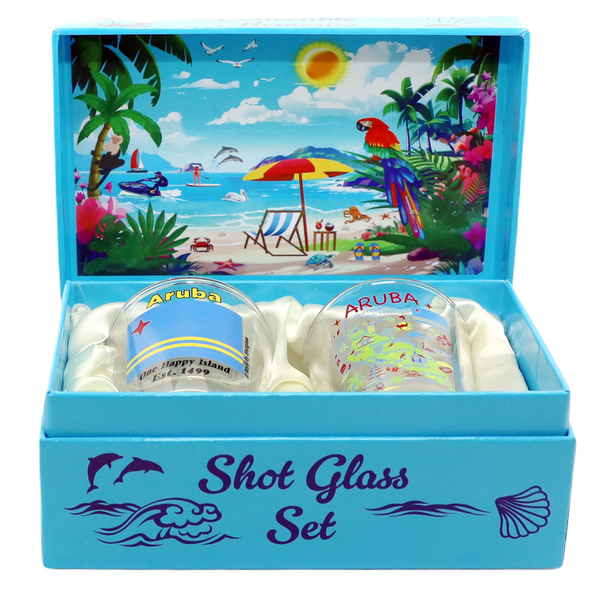 Aruba Caribbean Boxed Shot Glass Set of 2 - Premium Glassware for Tequila, Whiskey & Cocktails - Perfect for Beach Parties, Tropical Themed Events & Home Bar Decor