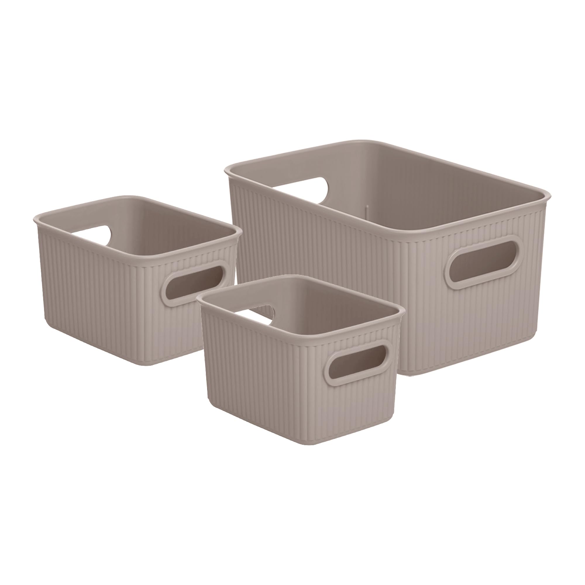 Superior Ribbed Storage Bins Set of 3 (1 Medium + 2 Small) - Decorative Plastic Organizer Baskets for Home, Closet & Shelves - Taupe Home Organization Containers | Perfect for Bedroom, Bathroom & Pantry Storage