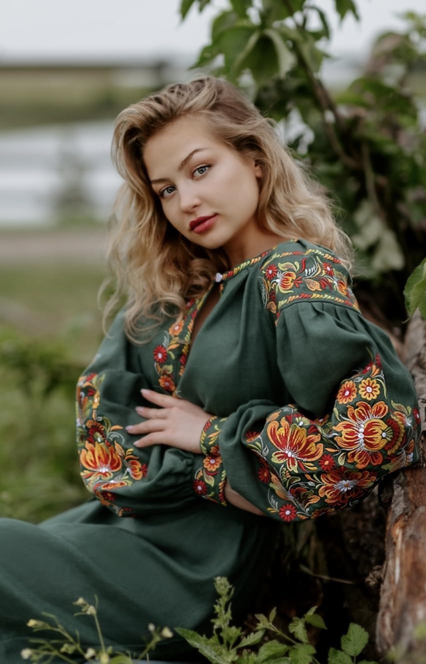 Traditional Ukrainian Vyshyvanka Embroidered Dress - Green Linen Long Floral Petrykivka Embroidery Boho Summer Dress (Size 12) | Perfect for Festivals, Cultural Events & Bohemian Fashion