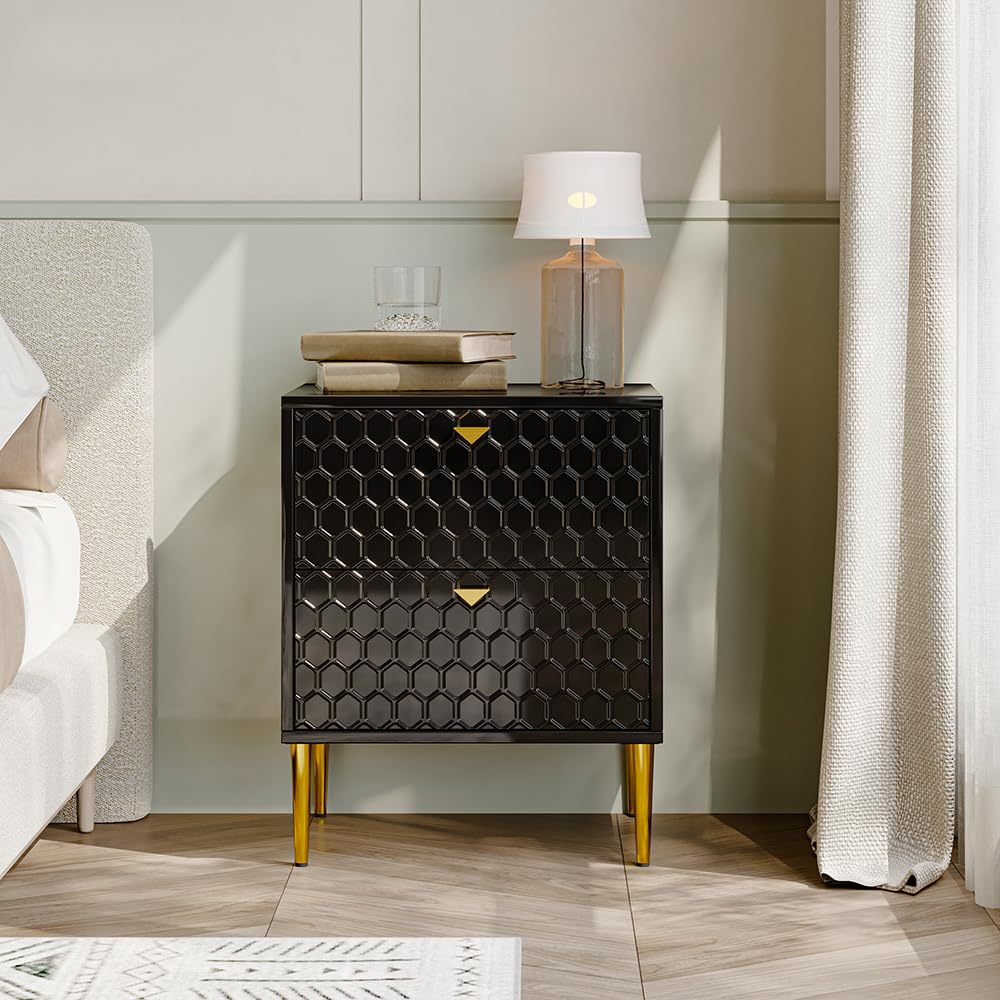 Modern Nightstand with 2 Drawers - Bedside Table with Brass Knobs for Bedroom & Living Room - Stylish Black End Table - Perfect for Storing Books, Lamps & Bedroom Essentials