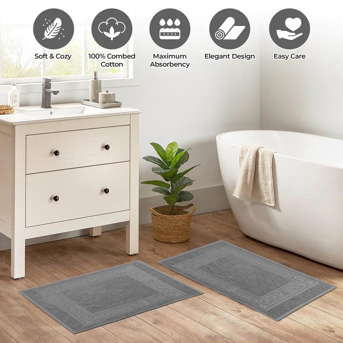 Premium Cotton 2-Piece Greek Key Border Bath Mat Set - Ultra Absorbent, Non-Slip Bathroom Rug - Perfect for Modern Bathrooms, Master Suites & Spa-Like Retreats
