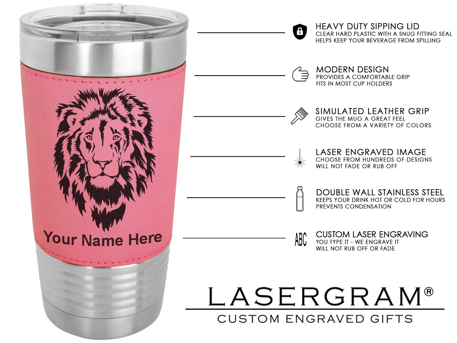 LaserGram 20oz Vacuum Insulated Stainless Steel Tumbler Mug with Personalized Engraving - Faux Leather Handle, Pink - Perfect for Coffee, Tea & Cold Drinks at Work, Gym or Outdoor Adventures