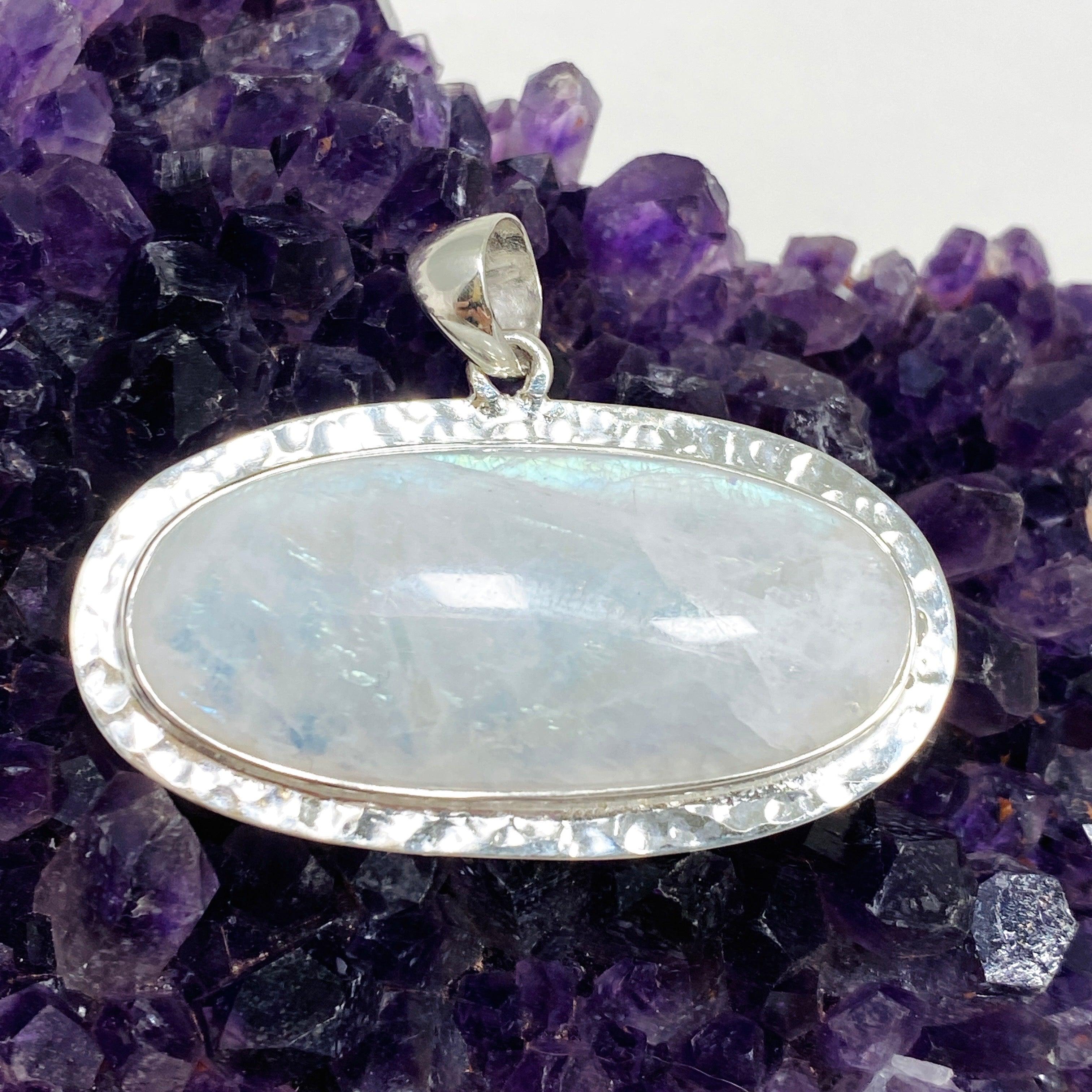 Moonstone Oval Pendant Necklace with Hammered Sterling Silver Setting KPGJ4242 - Elegant Boho Jewelry for Women, Perfect for Weddings & Special Occasions