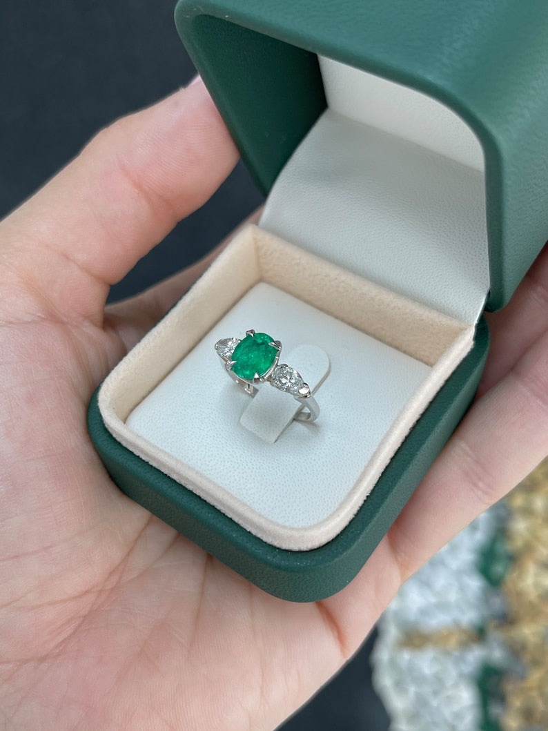 2.18tcw Platinum Vivid Dark Rich Green Emerald & Diamond Three Stone Engagement Ring - Fine Quality Jewelry for Weddings, Proposals & Anniversaries