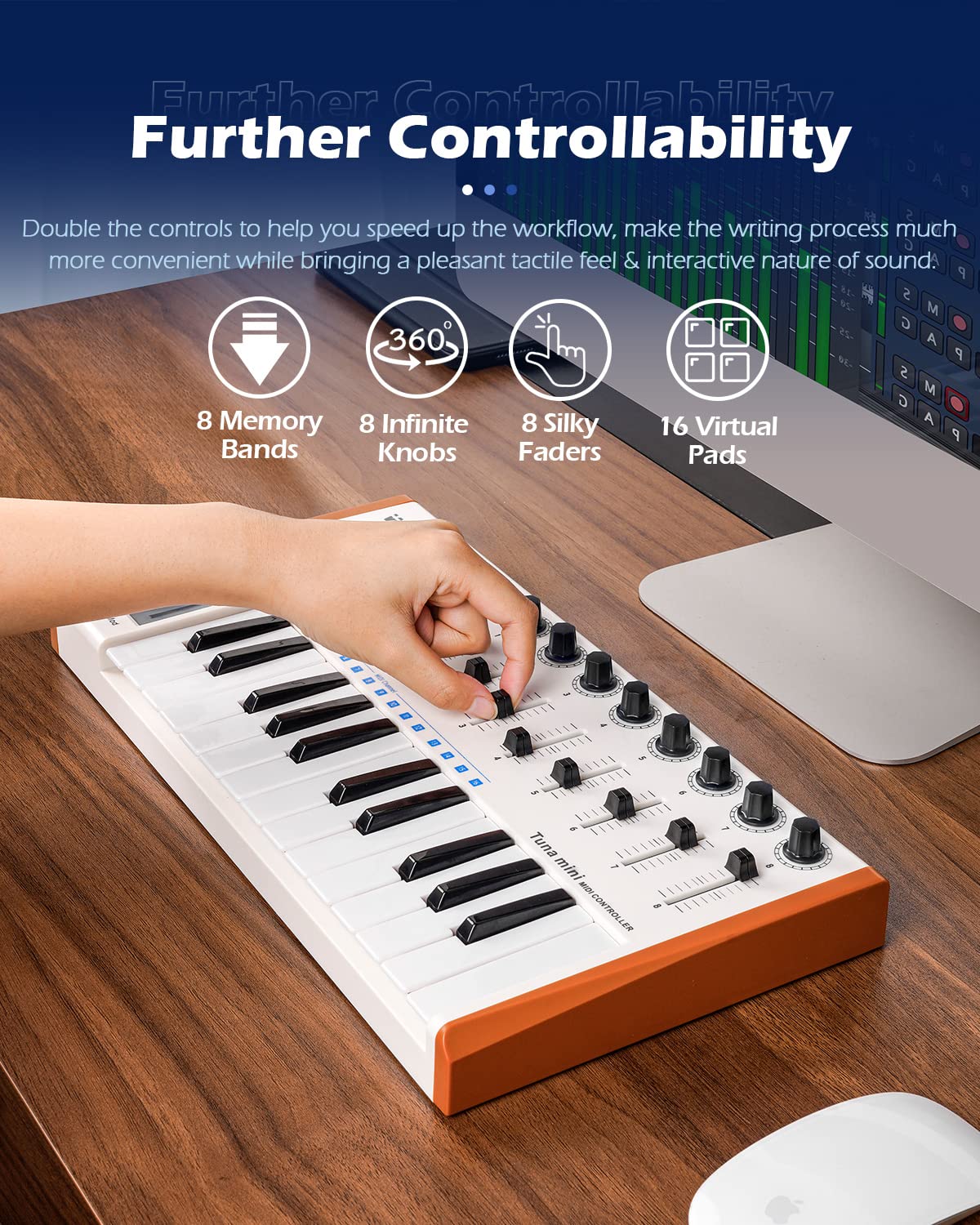 Vangoa Worlde 25-Key MIDI Keyboard Controller with Drum Pads - Portable USB Beat Maker for Music Production | 8 Knobs, 8 Faders & Pedal Interface | Perfect for Beginners & Home Studio Recording (White)