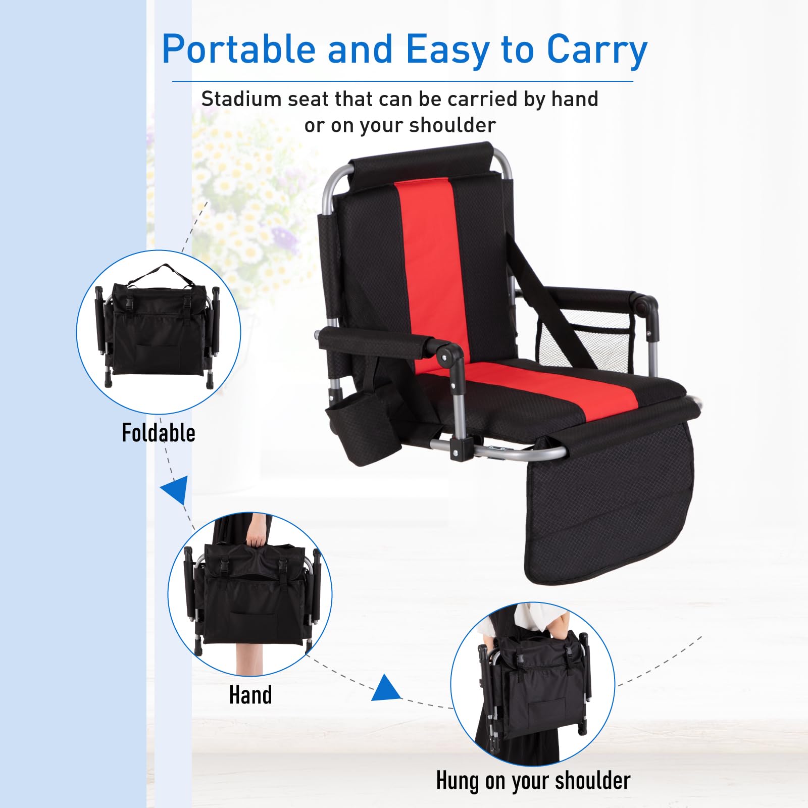 **Portable Folding Stadium Chair with Armrest & Back Support - Lightweight Bleacher Seat for Outdoor Sports, Concerts & Camping - Includes Cup Holder, Mesh Bag & Hide Hooks**    (使用场景: Perfect for football games, baseball matches, outdoor concerts, camping trips, and picnics.)
