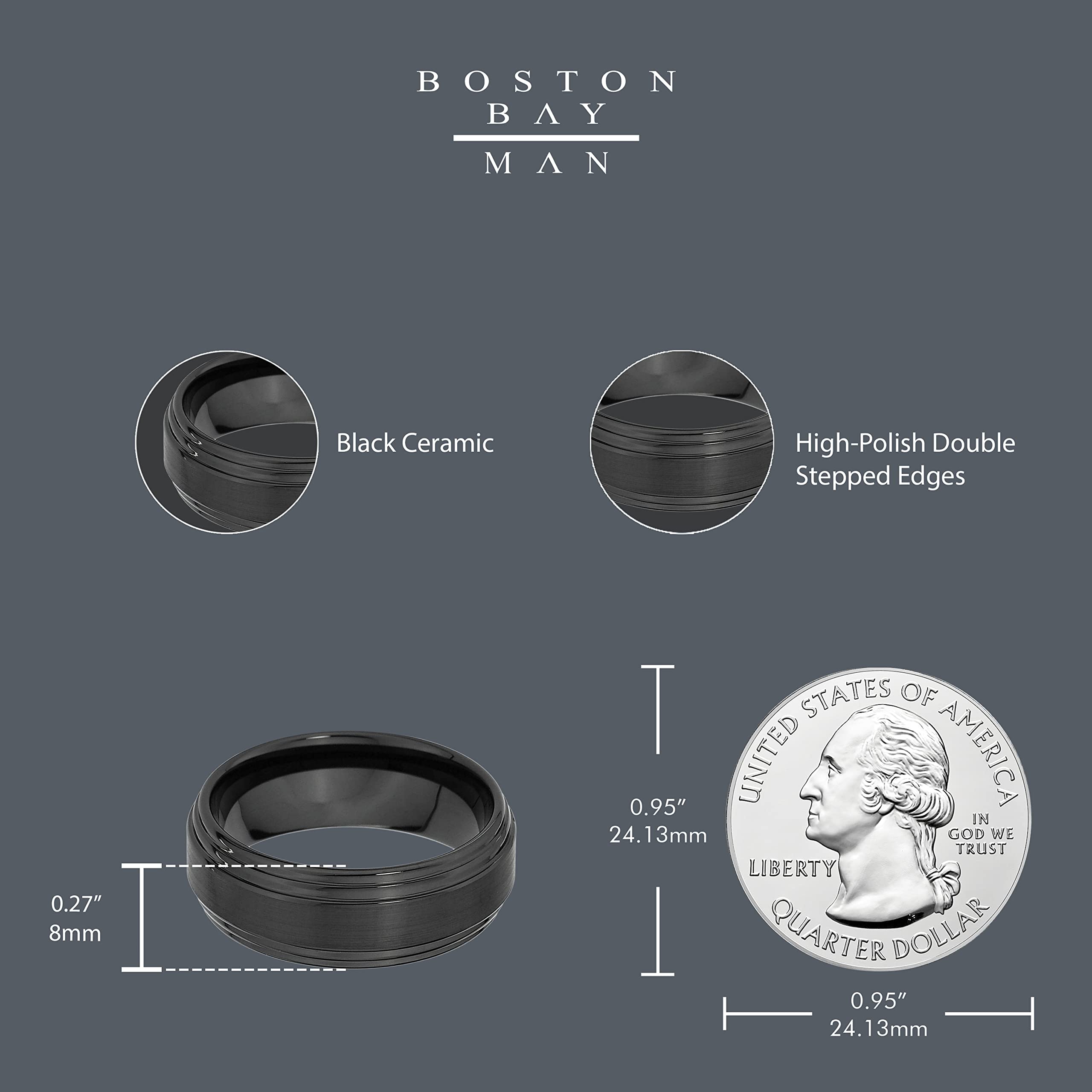 Boston Bay Diamonds Black Ceramic Unisex Comfort Fit Wedding Band & Fashion Ring for Men & Women - 6mm, 7mm, 8mm Width Options - Perfect for Engagement, Anniversary & Everyday Wear