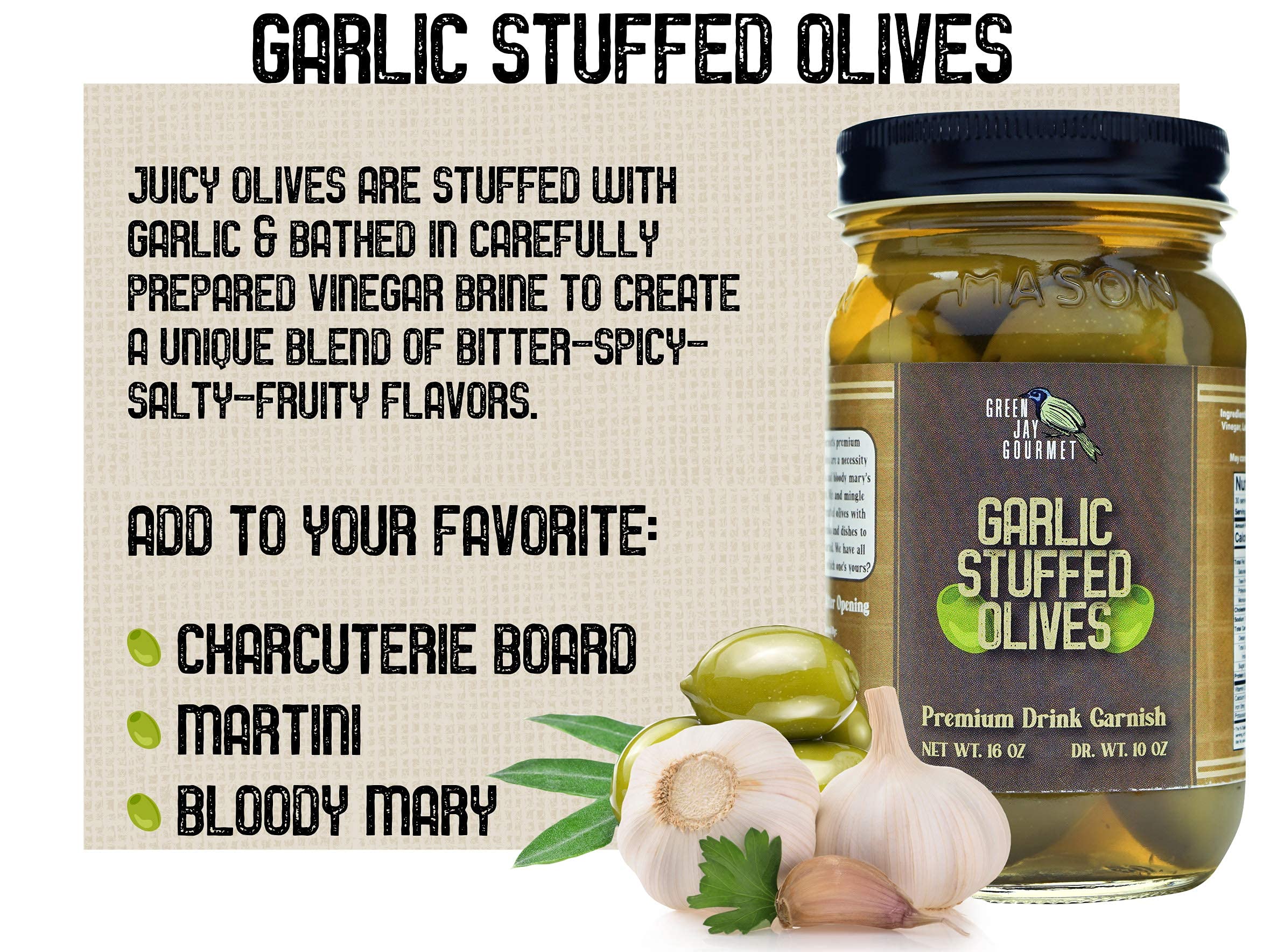 **Green Jay Gourmet Garlic Stuffed Olives – Large All-Natural Stuffed Green Olives for Cocktails, Cheese Boards & Dirty Martinis – 16oz Premium Cocktail Garnish & Gourmet Snack – Perfect for Parties, Charcuterie & Home Entertaining**